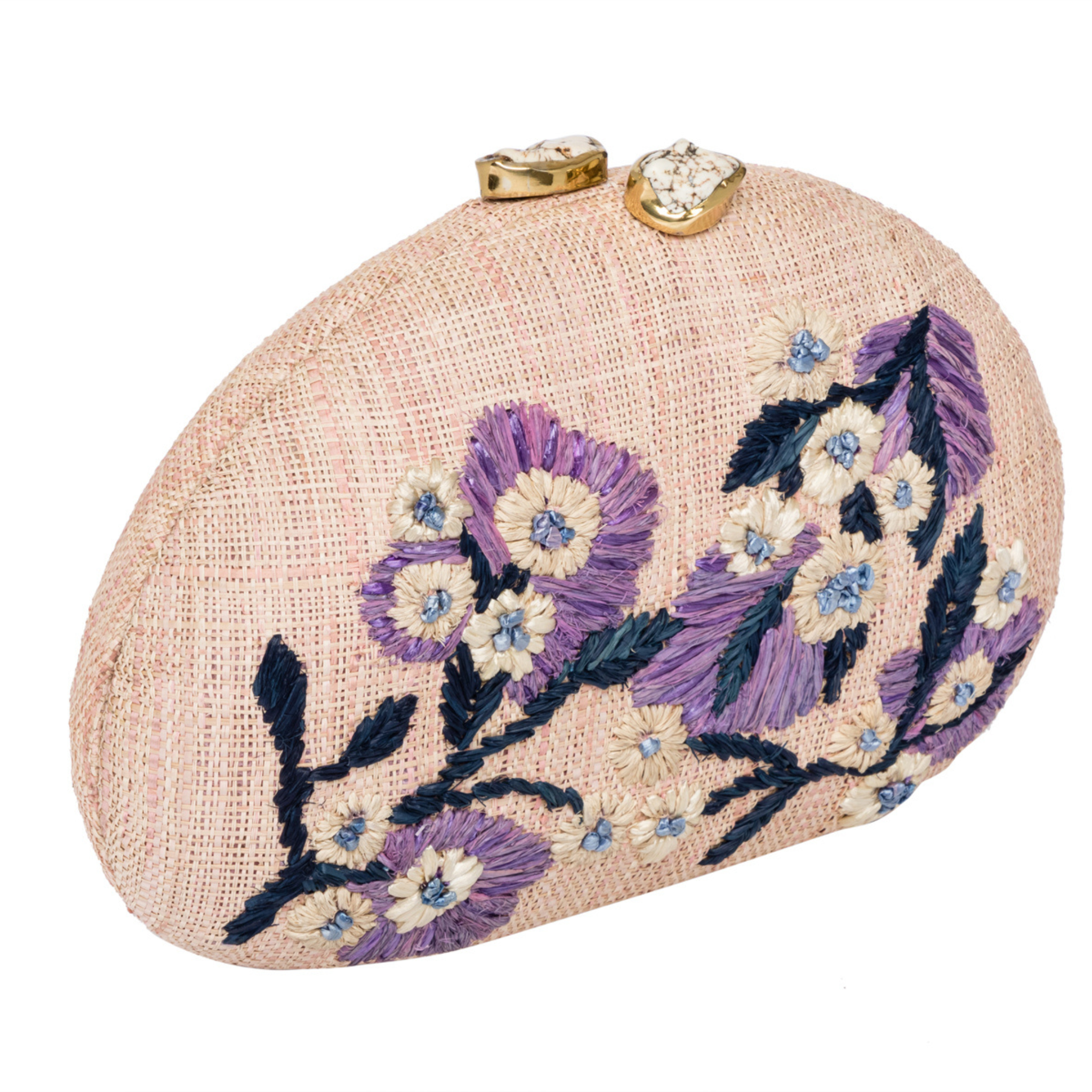Berna Pink Raffia Floral Clutch Handbag for Women - Elegant Lilac & Navy Woven Straw Purse for Weddings, Beach Parties & Summer Outings