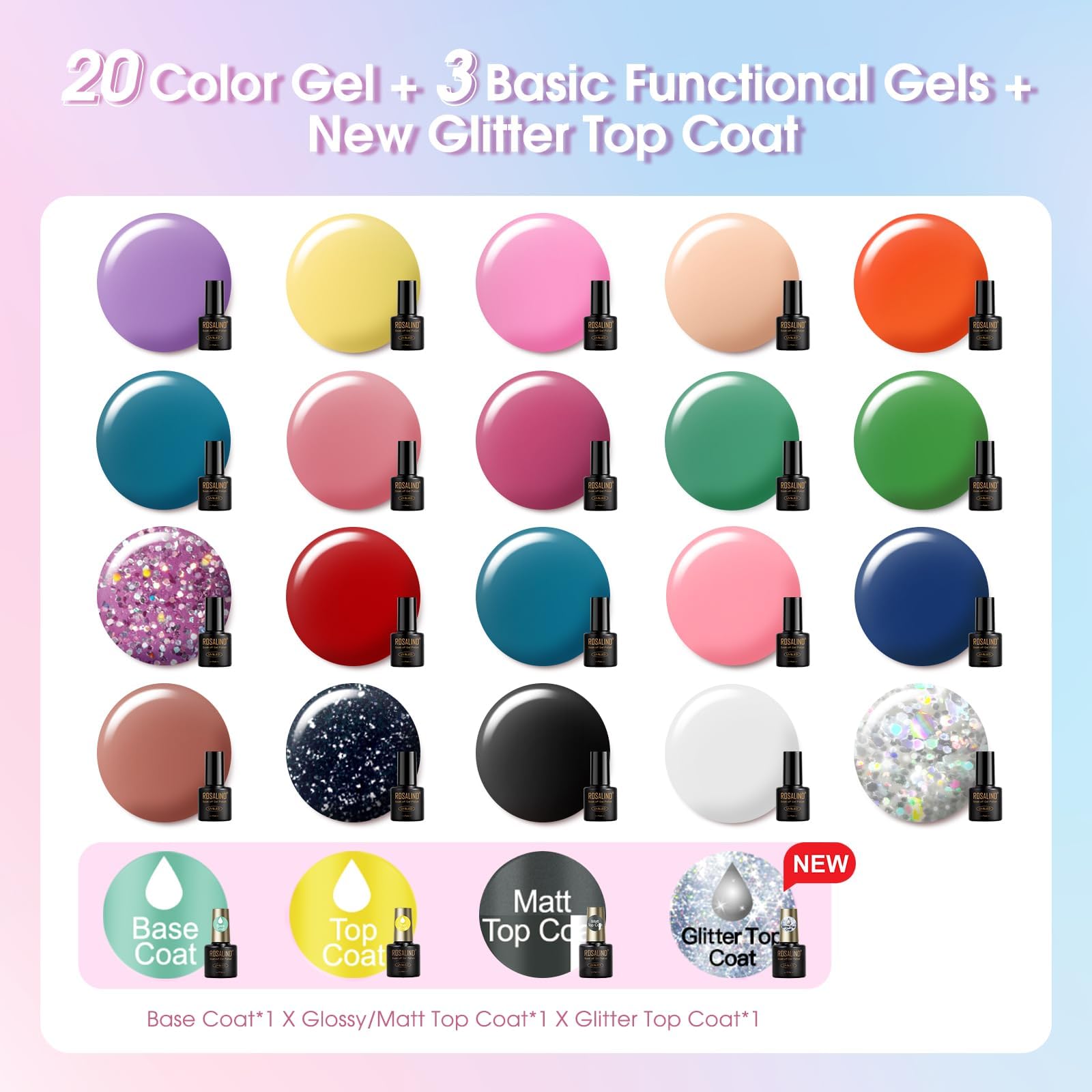 ROSALIND 24PCS Gel Nail Polish Set - 20 Colors Soak Off UV LED Nail Polish with Base Coat, Glitter, Glossy & Matte Top Coat - Fall Winter Holiday Nail Colors for Manicure & Nail Art DIY at Home or Salon