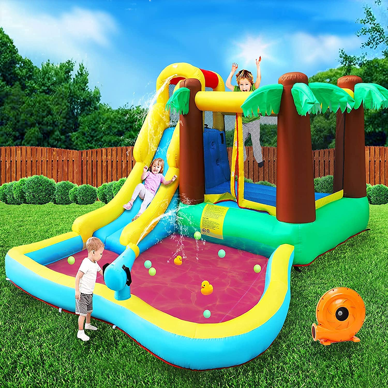 MEIOUKA Inflatable Water Slide Bounce House with 450W Blower - Kids Outdoor Water Slides Pool Park Jump House with Hawaiian Coconut Tree Design - Perfect for Backyard Parties, Summer Fun, and Toddler Playtime