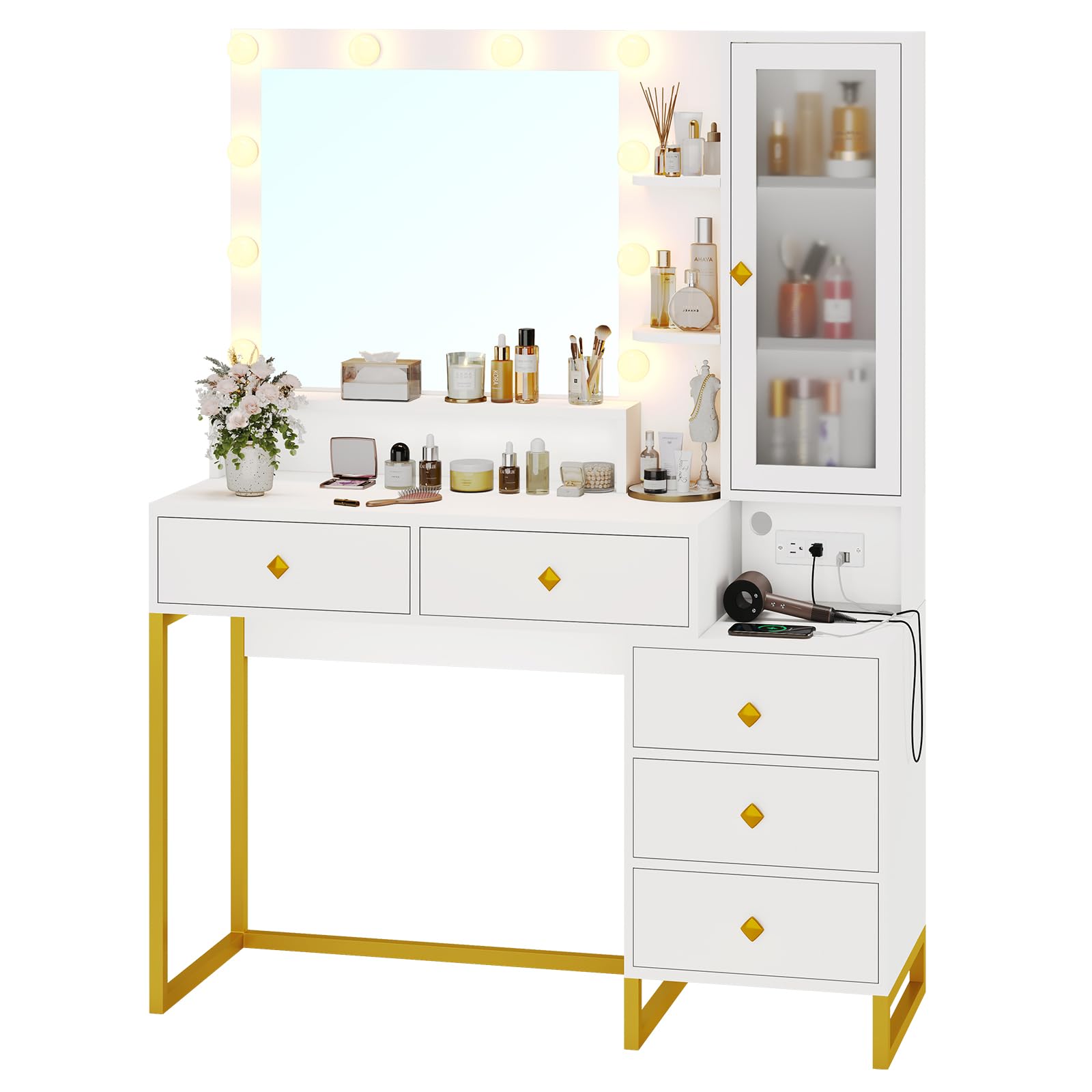 Tiptiper Makeup Vanity with Lights & Charging Station, 5 Drawers & Shelves - Perfect for Home Beauty Setup
