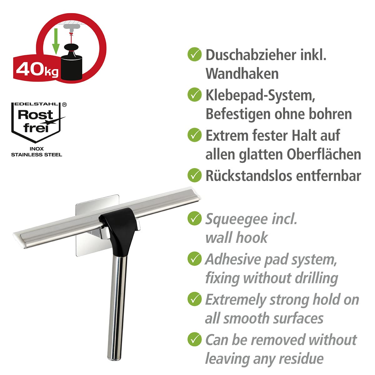 Wenko Turbo-Loc® Quadro Stainless Steel Shower Squeegee - No Drill Bathroom Window Cleaner, Rustproof Chrome Finish (23 x 17.5 x 5 cm) - Perfect for Glass Doors, Tiles & Mirrors