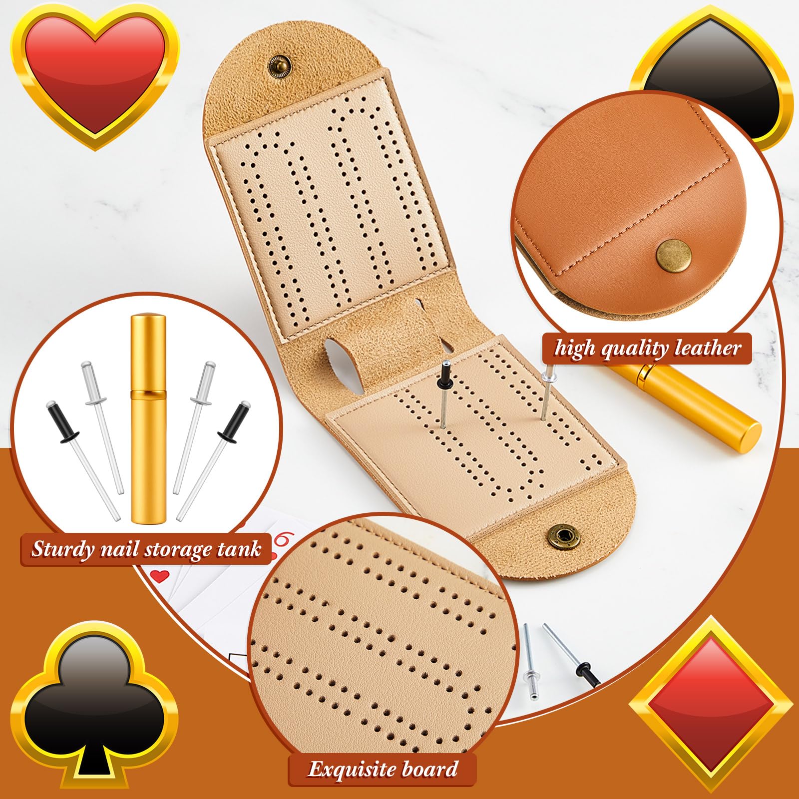 Liliful 2-Pack Portable Cribbage Board Game Set - Includes 8 Metal Pegs, 2 Mini Leather Boards & Storage Slots | Compact Travel Games for Camping, Road Trips & Family Game Nights