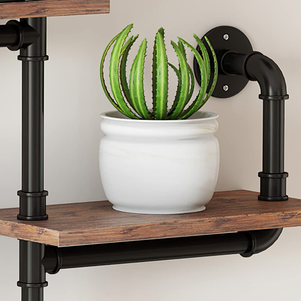 Industrial Pipe Shelving Set of 3 - Rustic Wall Mounted Floating Shelves with Wood Planks for Home Decor, Living Room & Office - Modern Ladder Shelf for Books, Plants & Display