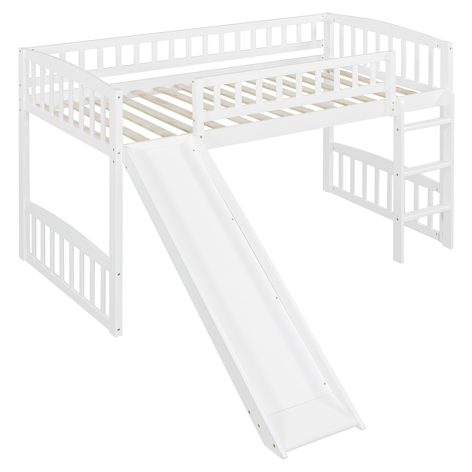 Twin Size Low Loft Bed with Slide and Ladder - Sturdy Wooden Loft Bed Frame for Kids, Girls & Boys - White - Perfect for Small Bedrooms, Playrooms & Dorm Rooms