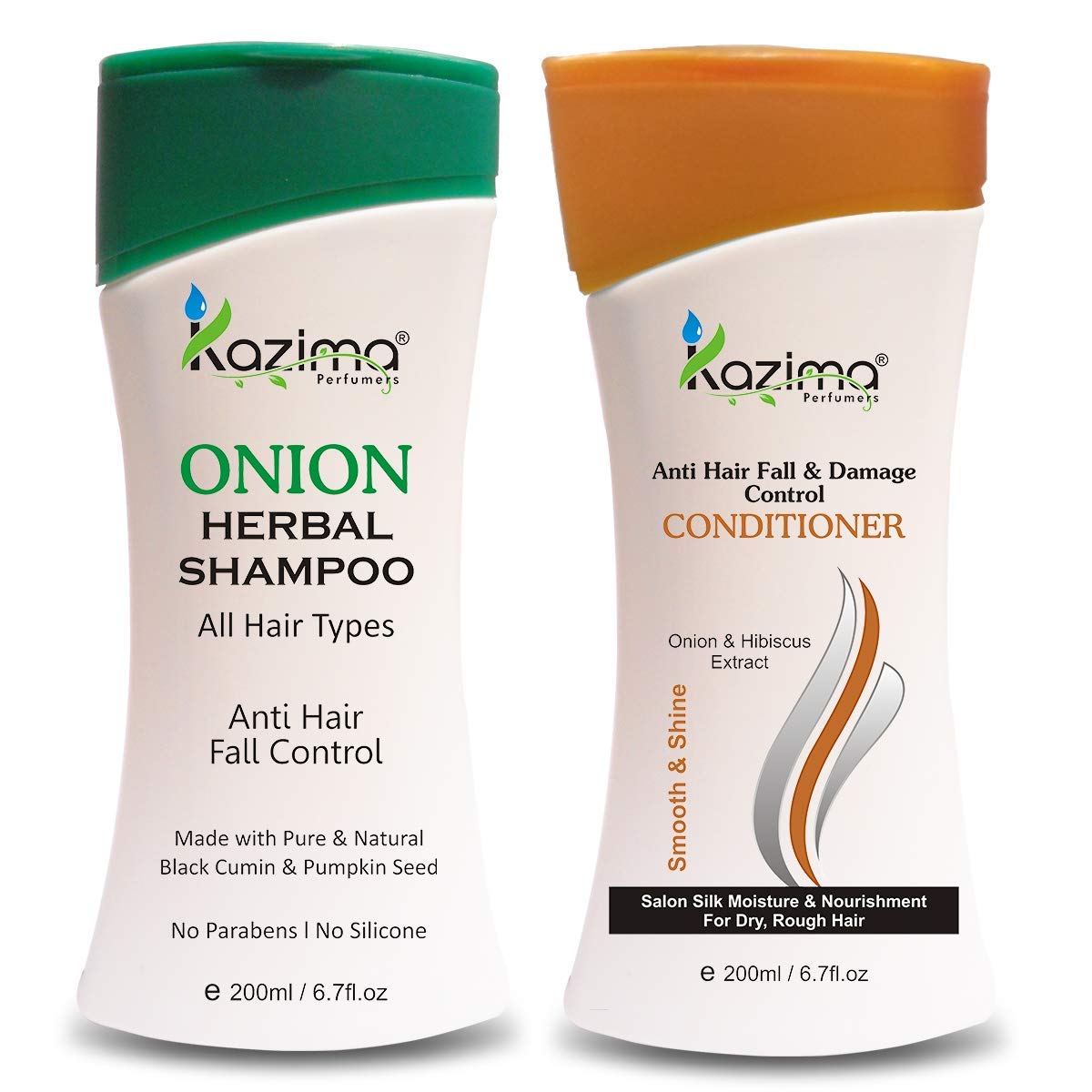KAZIMA Onion Herbal Shampoo & Anti Hair Fall Conditioner Set (200ml Each) - Reduces Hair Loss & Repairs Damaged Hair for Men & Women - Perfect for Daily Hair Care & Scalp Treatment