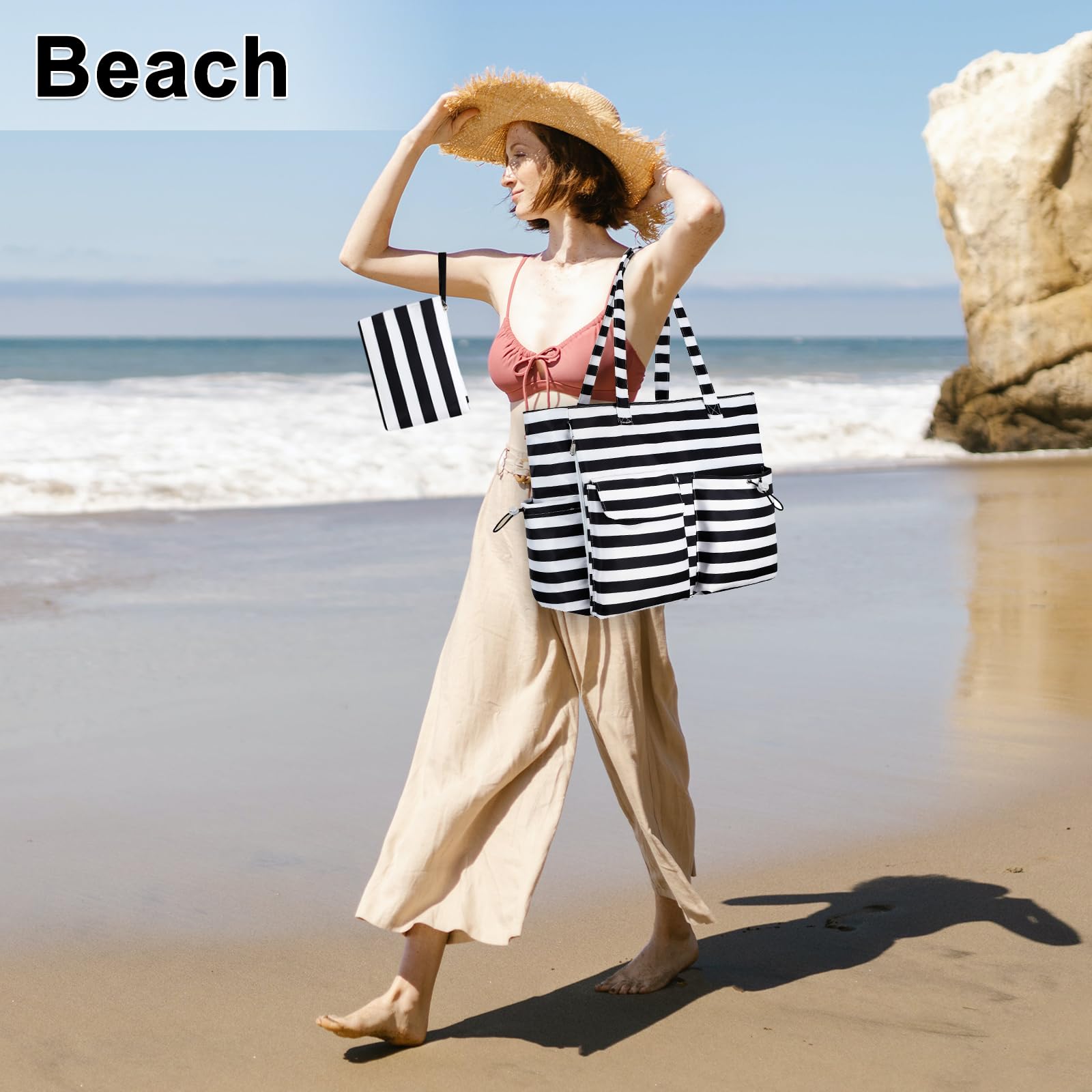 LEDAOU Large Waterproof Beach Tote Bag for Women - Sandproof Zippered Pool & Gym Bag with Wet Pocket - Perfect for Travel, Grocery Shopping & Beach Outings
