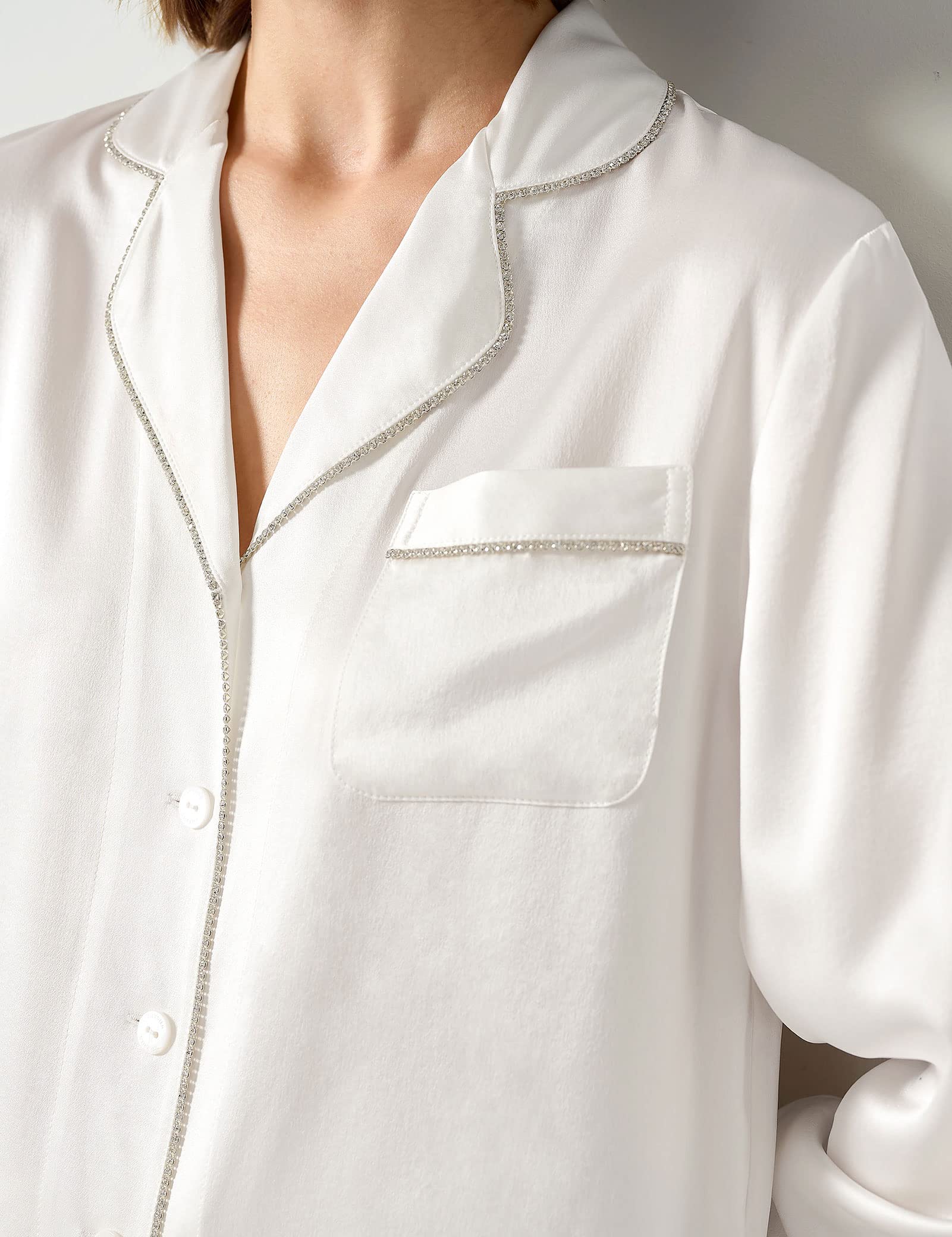 Luxury 100% Pure Silk Pajama Set for Women - Rhinestone Trim Long Sleeve Button Down Sleepwear & Loungewear | Perfect for Relaxing at Home, Spa Days & Romantic Getaways
