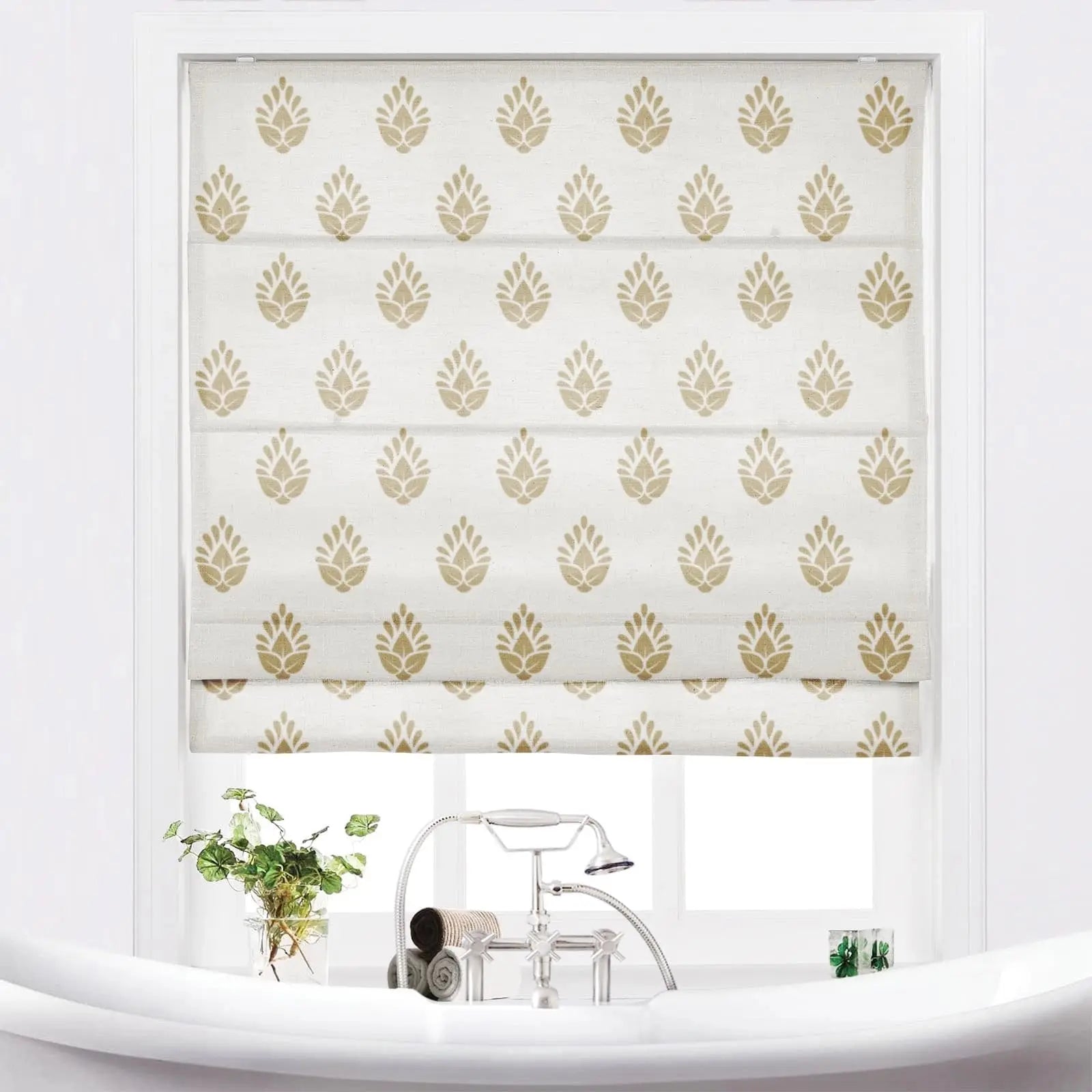 Stefana Silver Printed Cordless Roman Shade - Blackout Window Treatment for Bedroom & Living Room - Plus Size Custom Window Coverings