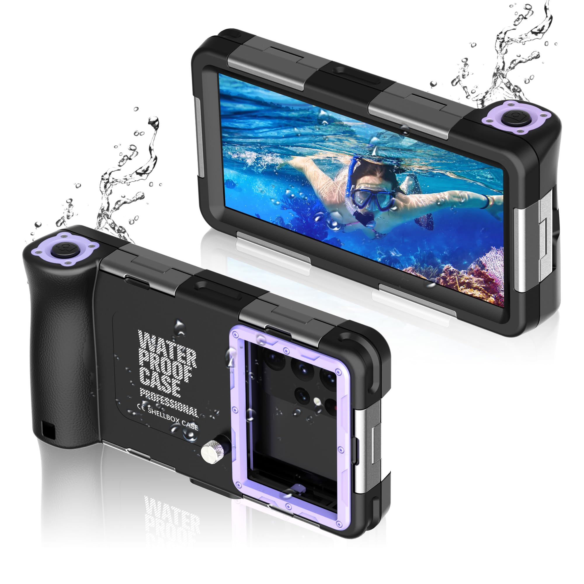 **Universal Waterproof Phone Case for Diving & Snorkeling - Underwater iPhone 16/15/14/13/12/11/Pro Max & Samsung Galaxy S24/S23/S21/Ultra - Purple with Lanyard - Perfect for Scuba, Swimming & Capturing Photos/Videos**