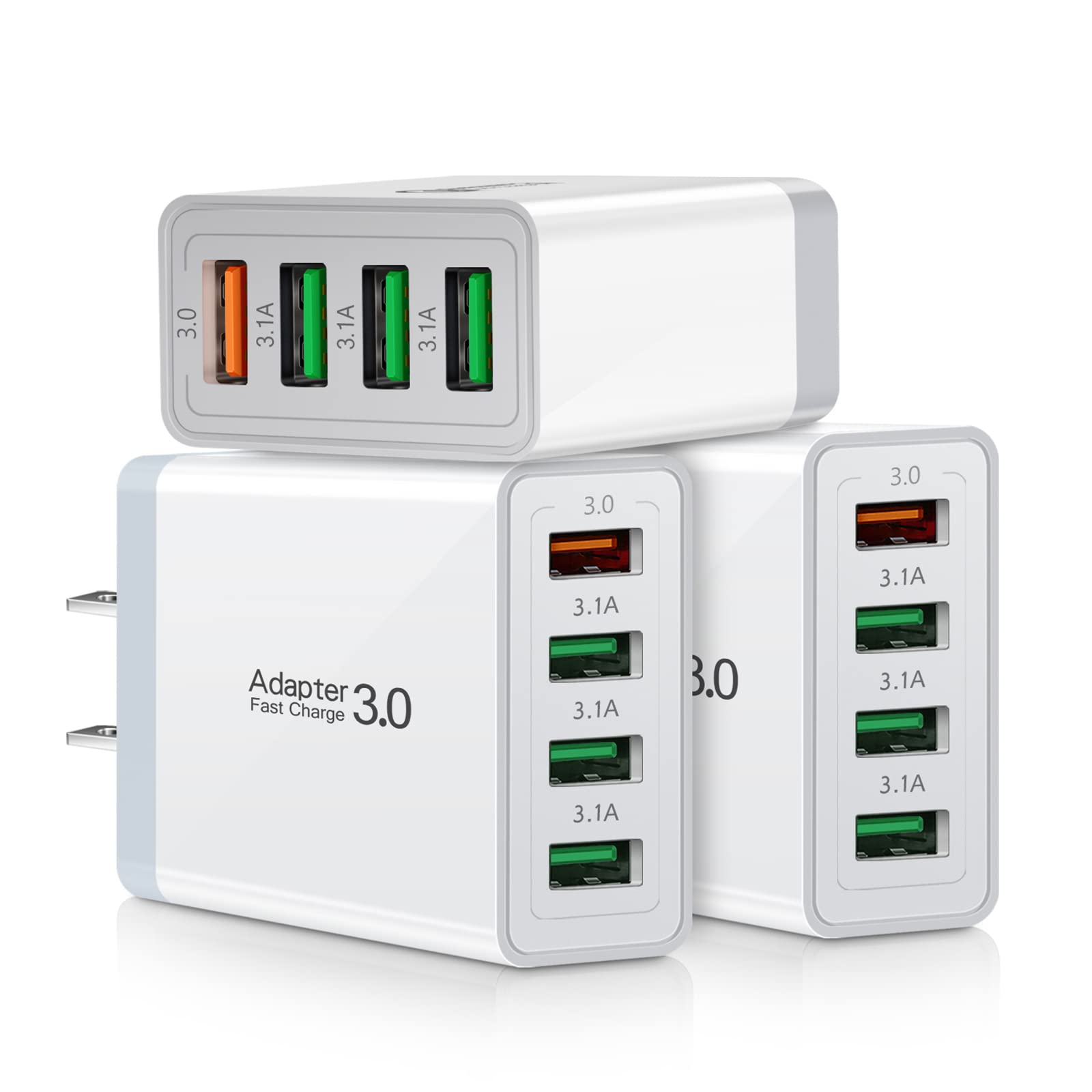 iSeekerKit 4-Port USB 3.0 Fast Wall Charger (3-Pack) - High Speed Charging Block for Samsung Galaxy S10/S9/S8/Note 8/9, iPhone, iPad, Tablets & Wireless Chargers - Perfect for Home, Office & Travel