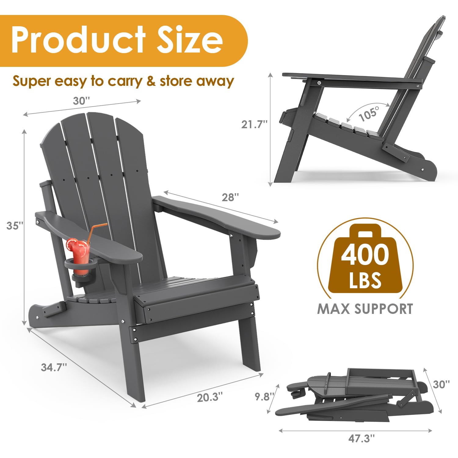 IVY&LANE 2-Pack Folding Adirondack Chairs - Weather-Resistant HDPE Plastic Outdoor Chairs with Cup Holders (Grey) - Perfect for Patio, Deck, Poolside, Garden & Beach Relaxation