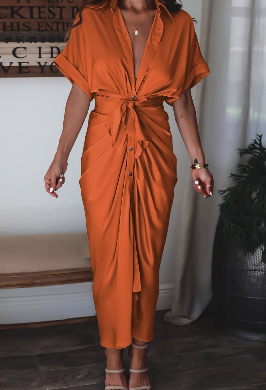 Linsery Women's Elegant Button Down Ruched Wrap Maxi Dress with Belt - Stylish Office Wear, Casual Outfit & Special Occasion Dress for Women