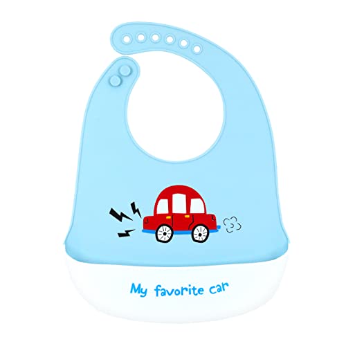 **Waterproof Baby Bib with Food Catcher - Reusable Silicone Bib for Infants & Toddlers - Cute Red Car Design - Perfect for Messy Meals & Travel**