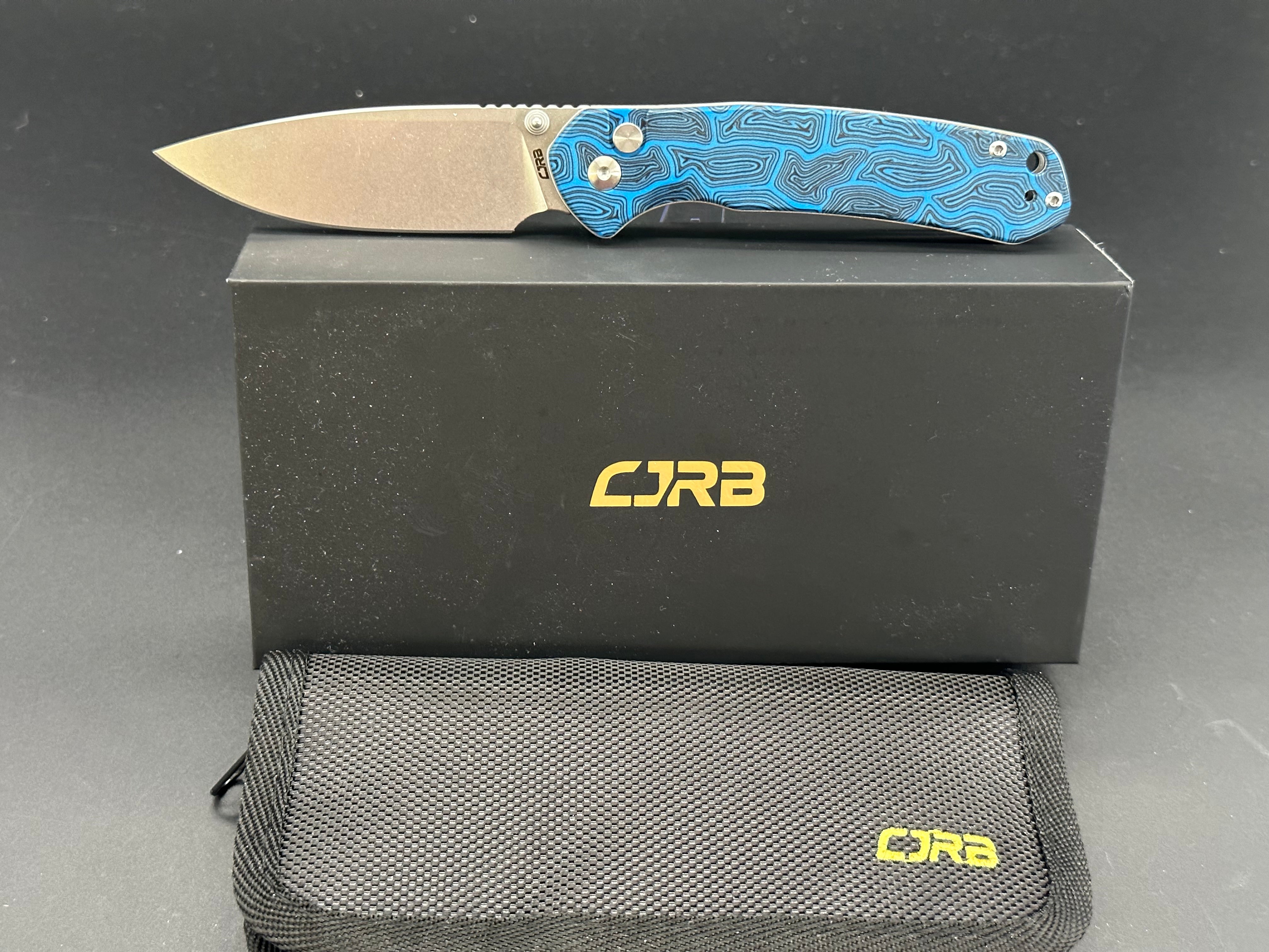 CJRB Pyrite Folding Knife - Black & Blue Damascus Steel EDC Pocket Knife for Outdoor Camping, Hiking, and Everyday Carry
