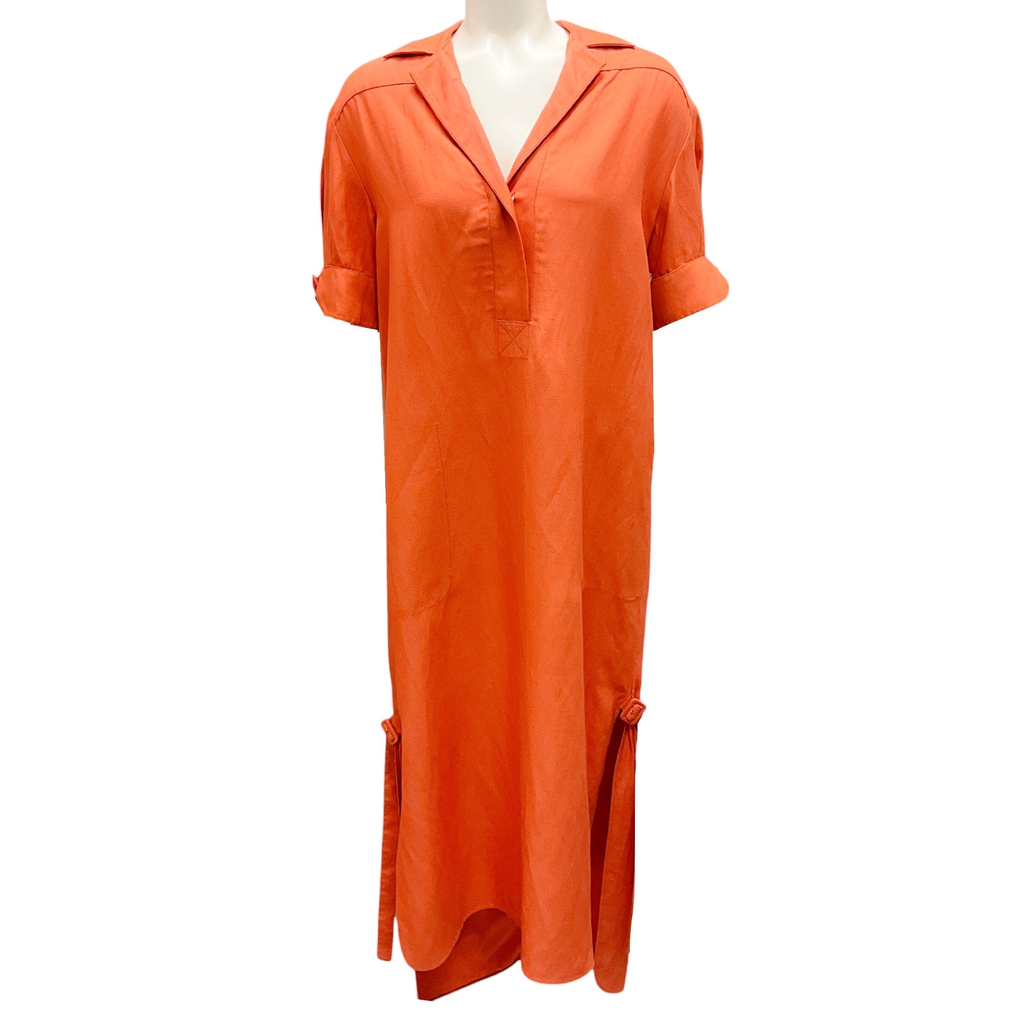 Agnona Orange 2020 Women's Short Sleeve Linen Midi Dress - Casual Summer Beach Dress for Vacation & Outdoor Activities