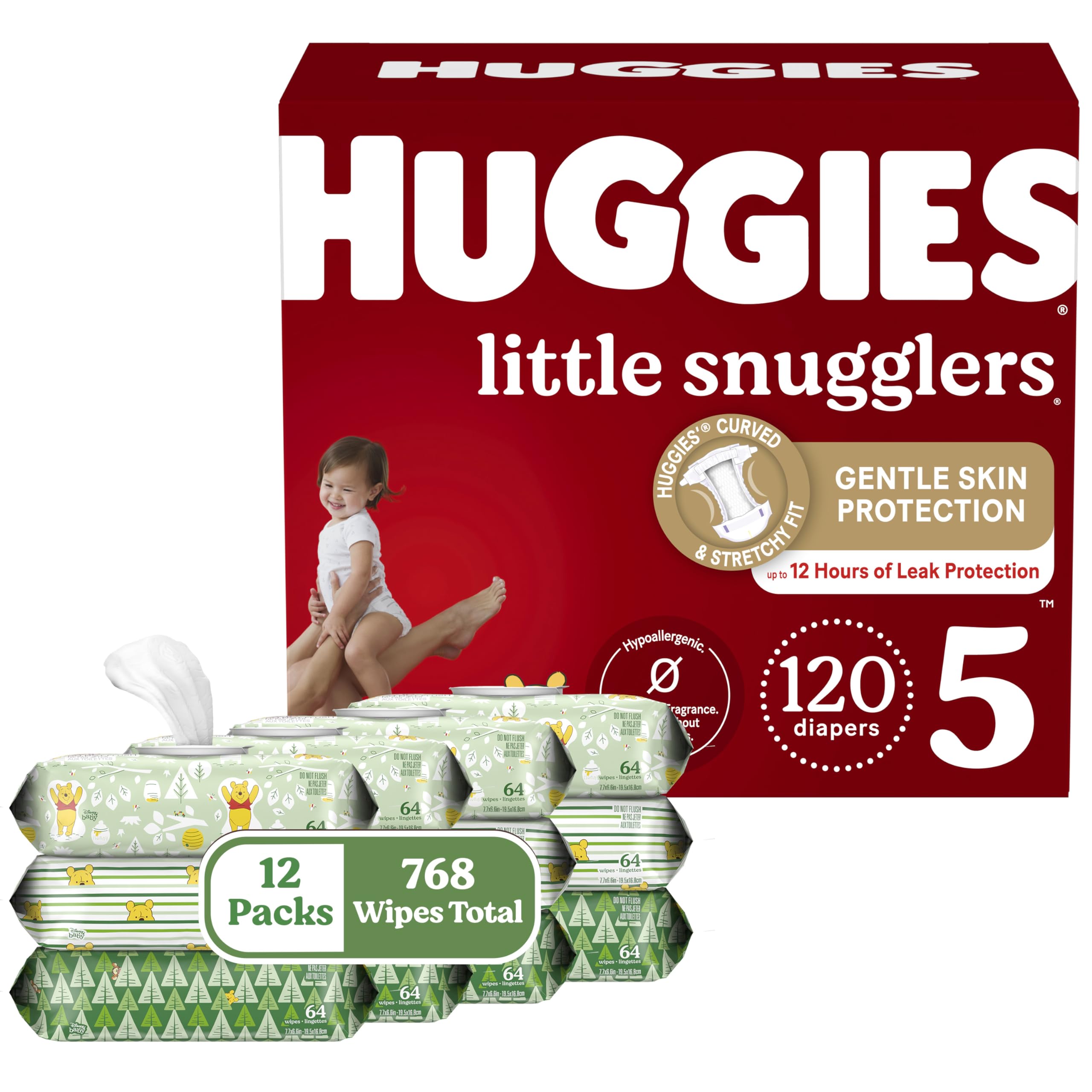 Huggies Little Snugglers Size 5 Baby Diapers (27+ lbs) - 120 Count (2 Packs of 60) & Natural Care Sensitive Wipes - 768 Count (12 Packs of 64) - Ultra Soft & Hypoallergenic for Newborns & Toddlers - Perfect for Overnight Protection & Gentle Skin Care