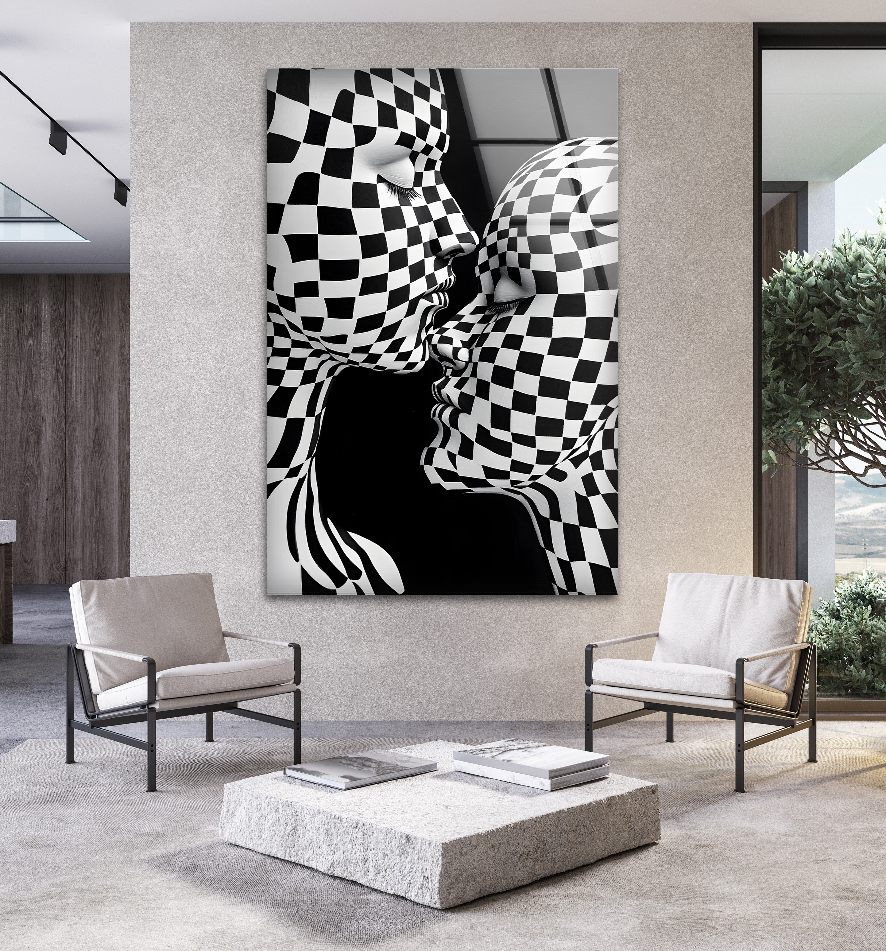 Black and White Kiss Wall Art - Modern Checkered Glass Decor for Living Room, Bedroom & Office - Perfect for Home & Office Décor