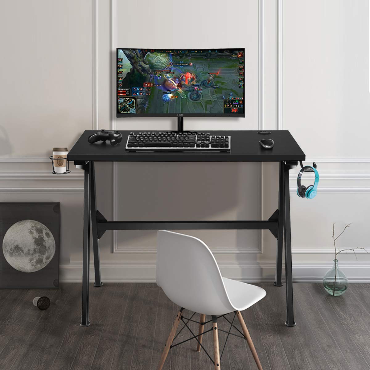 Tangkula 48 Inch Gaming Desk - Ergonomic Computer Desk with Cup Holder & Headphone Hook, Sturdy Writing Table for PC Gaming, Home Office & Study - Black (Perfect for Esports, Streaming & Remote Work)