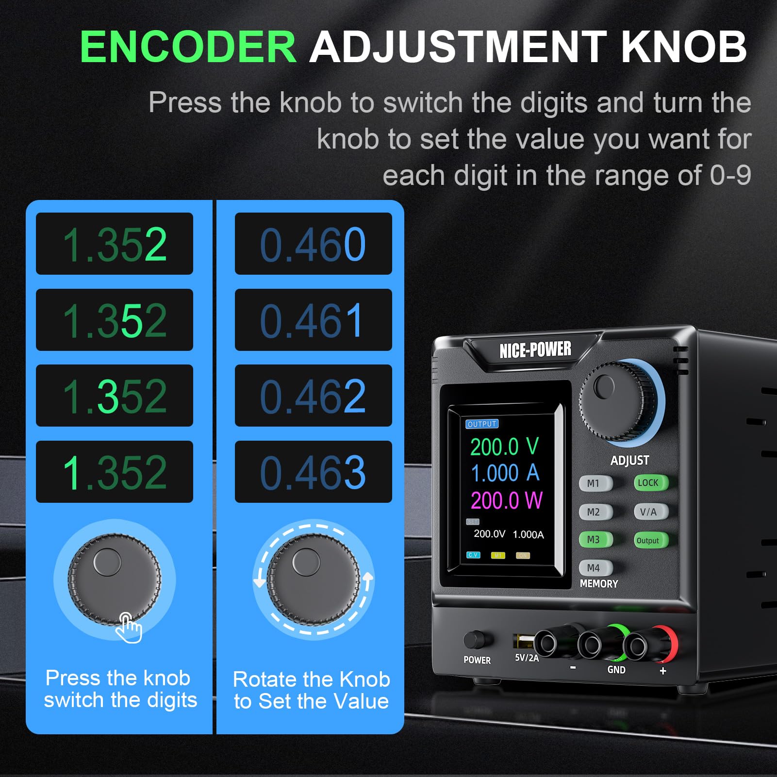 NICE-POWER Adjustable DC Power Supply 0-200V 0-1A, High Precision Variable Voltage & Current Bench Power Supply with Memory Function, Encoder Knob & Lock Button - Ideal for Electronics Lab, Circuit Testing & DIY Projects