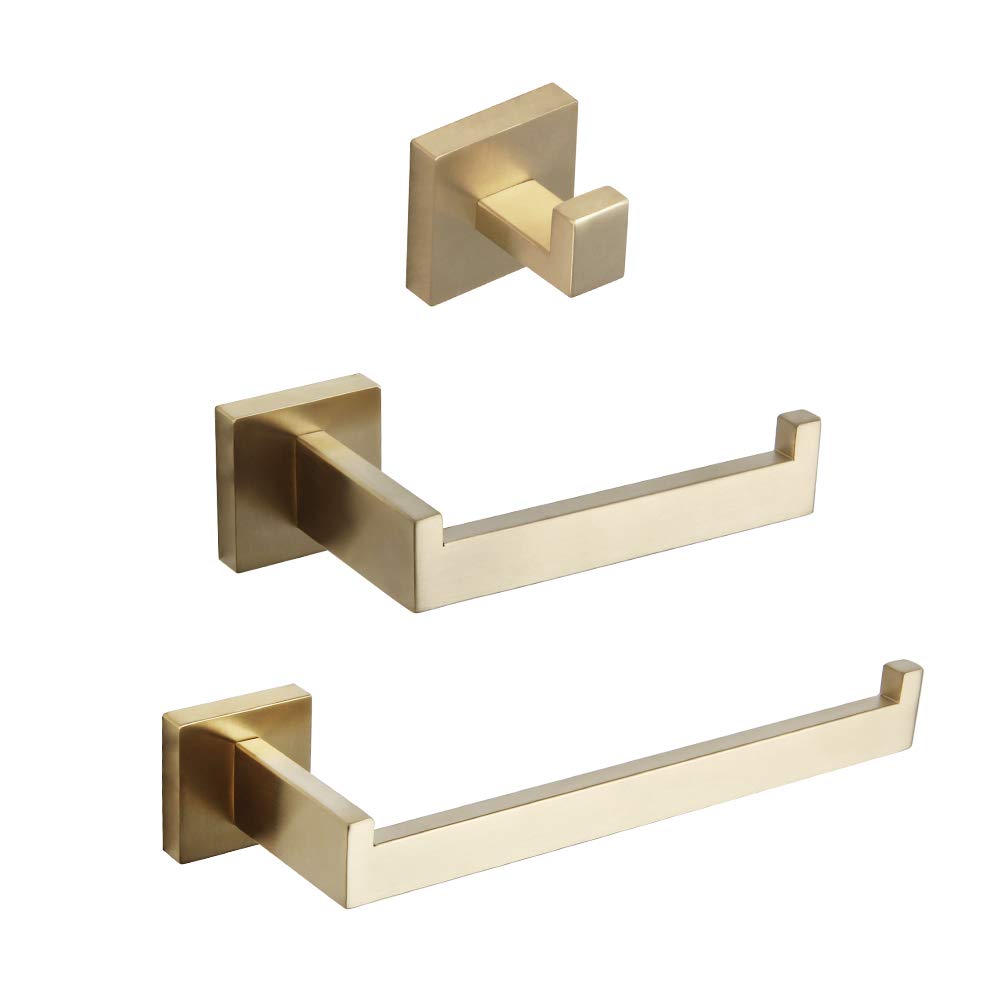 GERZWY 3-Piece Bathroom Hardware Set - Brushed PVD Zirconium Gold Finish Coat Hook, Toilet Paper Holder & Towel Ring (FG16567-3BZ) | Modern Bathroom Accessories for Home, Hotel & Spa Decor
