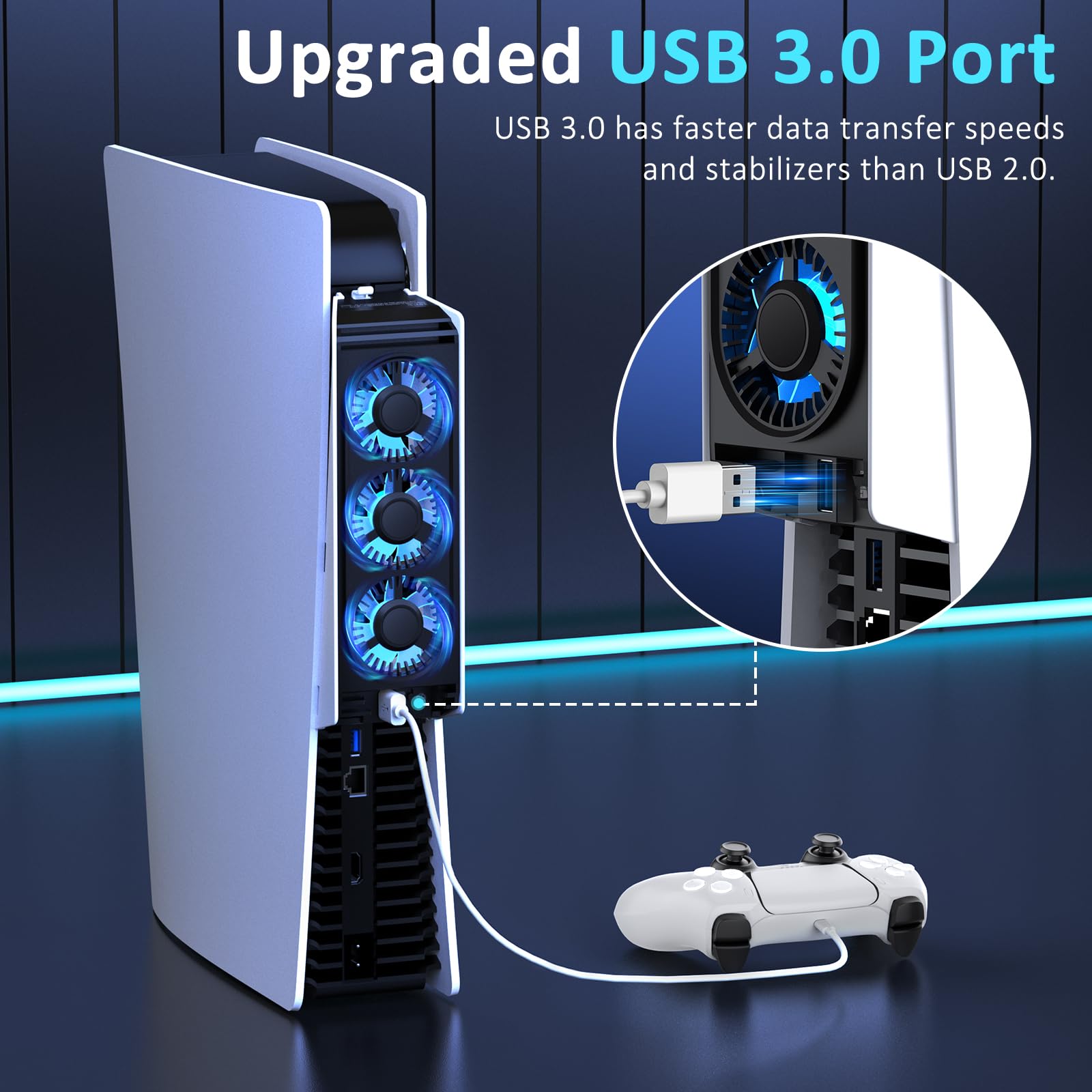 PS5 Cooling Fan with LED Lights & Auto Temperature Sensor - Quiet USB 3.0 Cooling System for PS5 Digital/Disc Edition - Prevent Overheating for Long Gaming Sessions