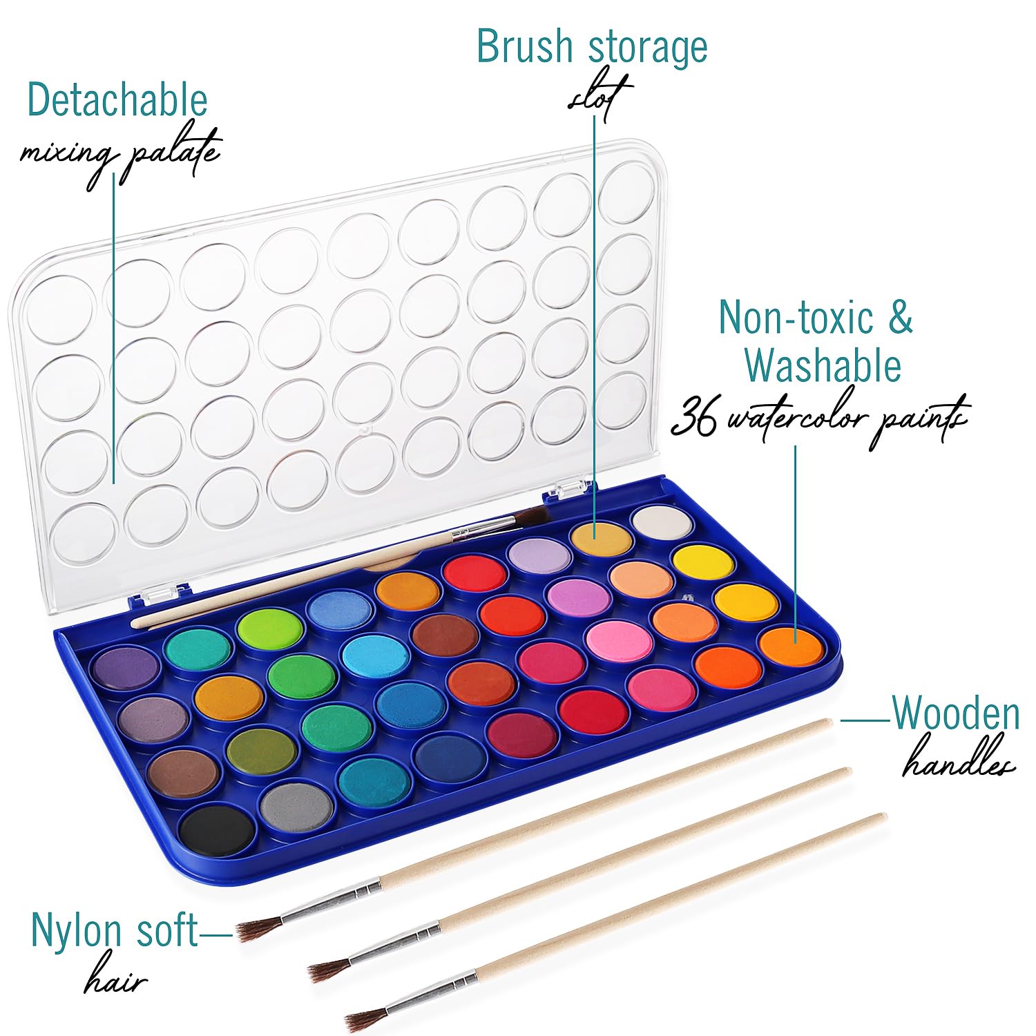 36 Colors Washable Watercolor Paint Set with Palette & 3 Brushes - Non-Toxic Kids Art Supplies for School Projects, DIY Crafts & Home Painting Activities