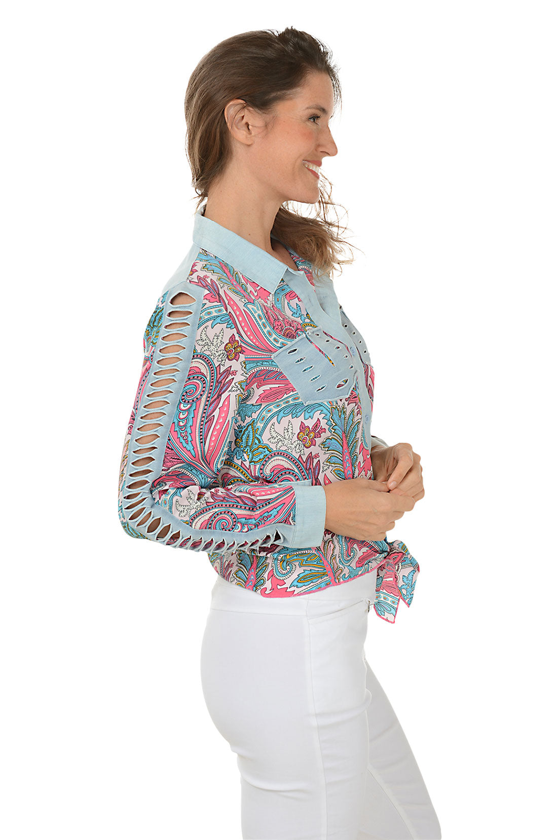 Stylish Pink Slashed Paisley Tie Front Shirt for Women | Trendy Floral Print Blouse | Perfect for Office, Date Night & Casual Outfits