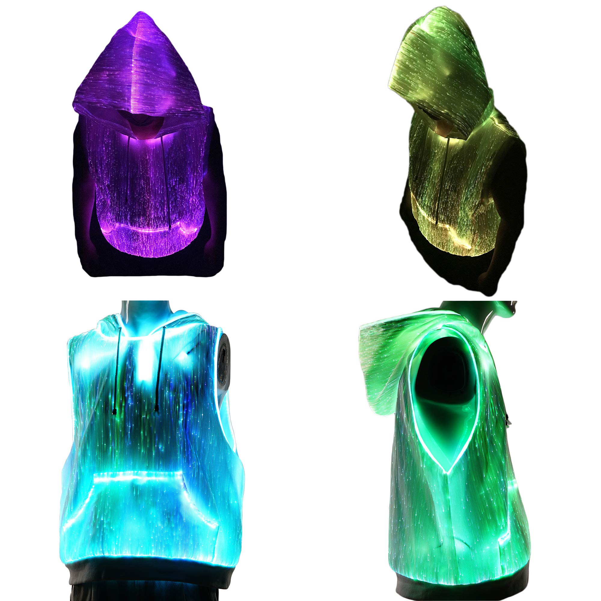 LED Fiber Optic Hoodie - Glow in the Dark Sleeveless Sweatshirt with Mobile App Control (White, Size L) | Perfect for Raves, Concerts, Halloween & Night Parties