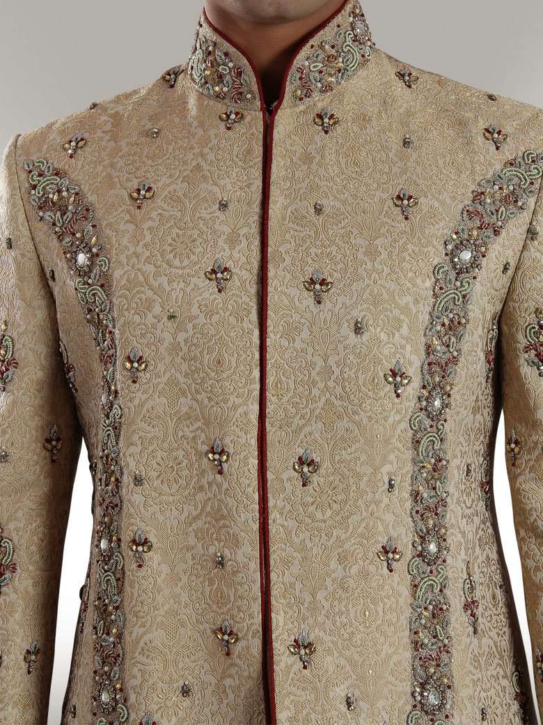 Luxury Beige Brocade Silk Sherwani for Men - Elegant Indian Wedding Attire & Formal Occasions