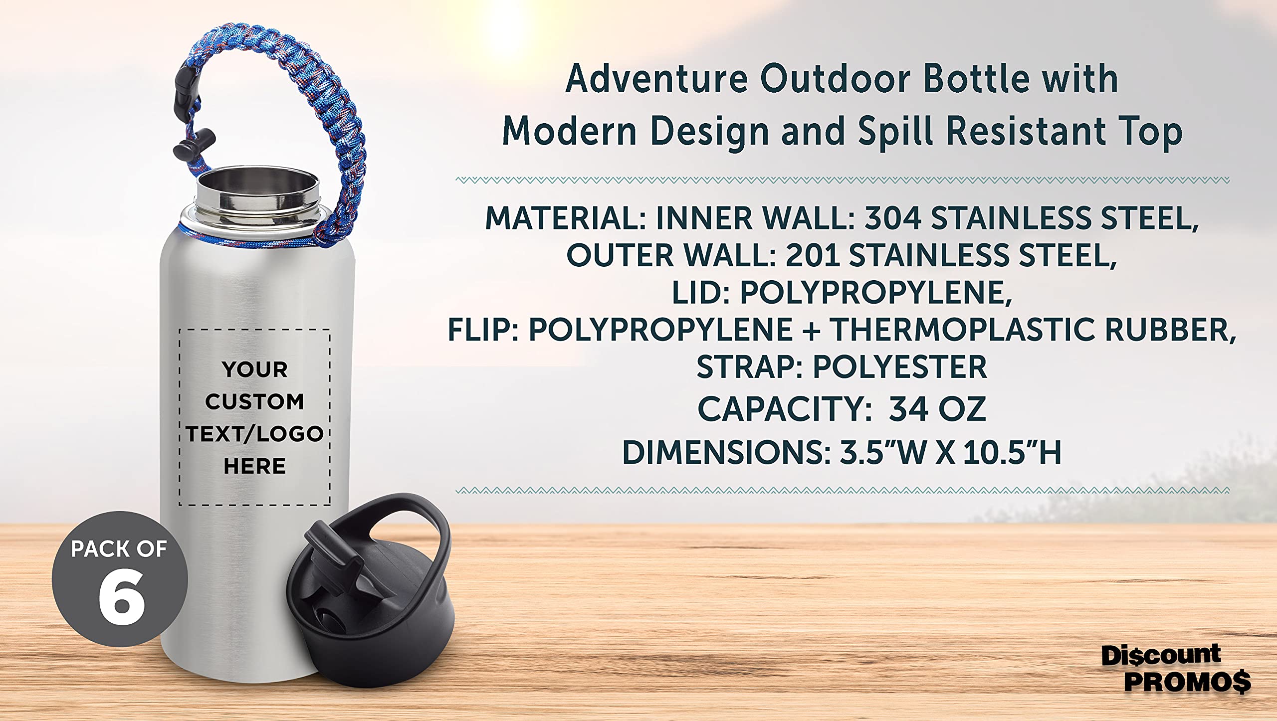 6 Pack 34oz Stainless Steel Water Bottles with Strap - Vacuum Insulated Double Wall Thermos - Custom Text & Logo Engraving - Silver - Perfect for Gym, Hiking, Office & Outdoor Activities
