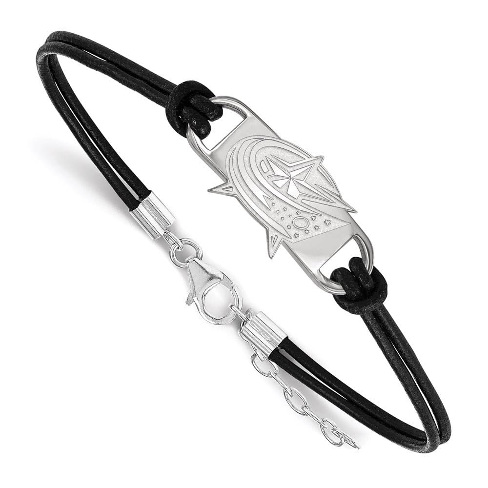 Sterling Silver Columbus Blue Jackets Leather Bracelet - Small Center Design for Men & Women, Perfect for Sports Fans & Everyday Wear