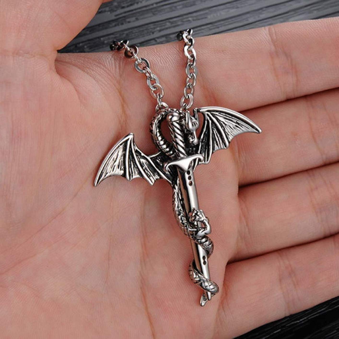 PikaLF Men's Dragon Necklace with Sword Pendant - Winged Dragon Jewelry with Chain for Fantasy Lovers - Perfect for Cosplay, Gifts & Gothic Fashion