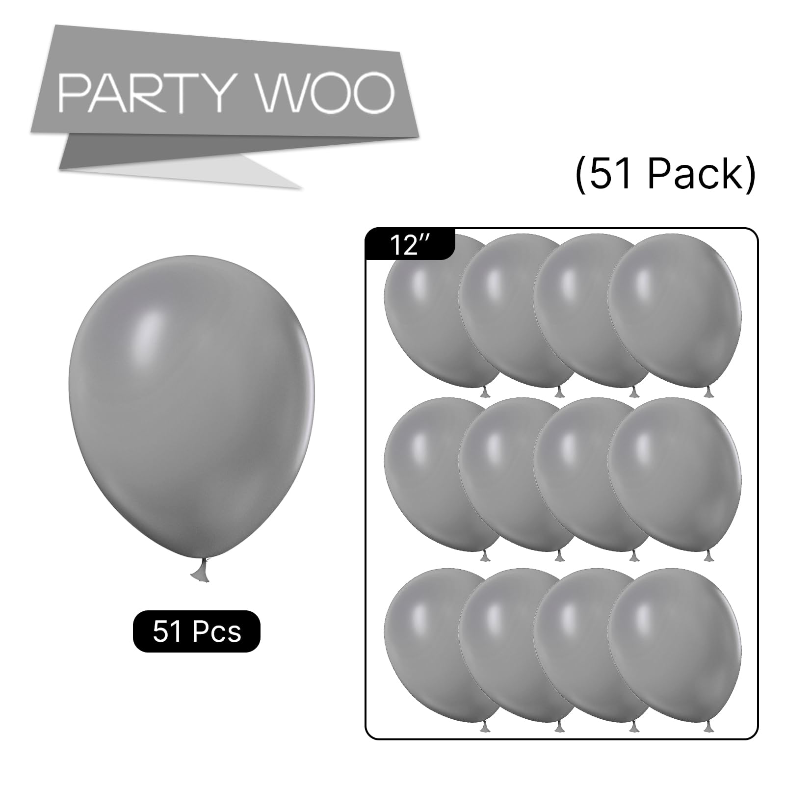 51 Pcs 12 Inch Matte Gray Balloons for Garland & Arch - PartyWoo Premium Grey Balloons Set for Birthday, Wedding, Baby Shower Decorations - Perfect for Indoor/Outdoor Party Backdrops, Photo Booth Props & Event Centerpieces (Gray-Y71)