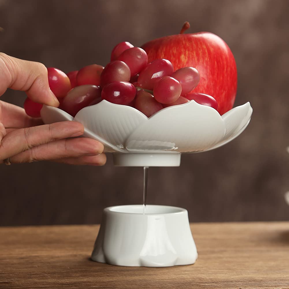 **Elegant Ceramic Pedestal Fruit Bowl - Decorative Footed Compote Serving Bowl for Desserts, Fruits, Bread & Snacks - Lotus Drain Plate for Kitchen Counter Display - Perfect for Dining Table Centerpiece & Party Serving (Blue)**