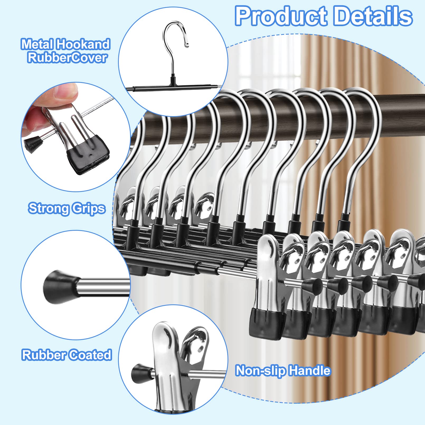 20 Pack Heavy Duty Pants Hangers with Adjustable Clips - Space Saving Rubber Coated Metal Skirt Hangers for Jeans, Trousers, Kids & Baby Clothes - Perfect for Closet Organization & Wardrobe Storage