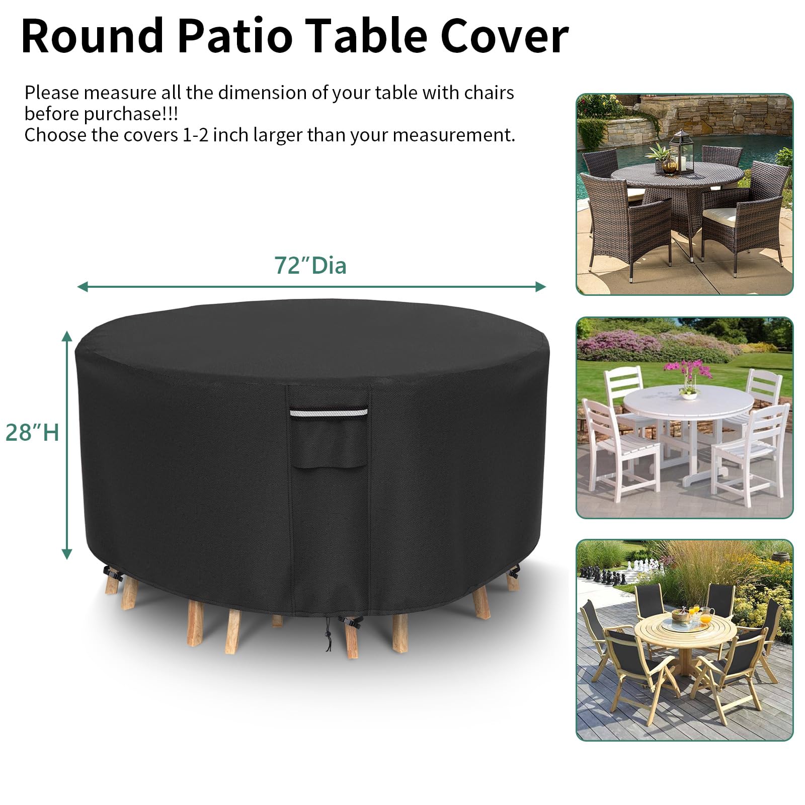 Heavy Duty 500D Waterproof Round Patio Furniture Cover - UV Resistant Outdoor Dining Table & Chairs Protector, 72