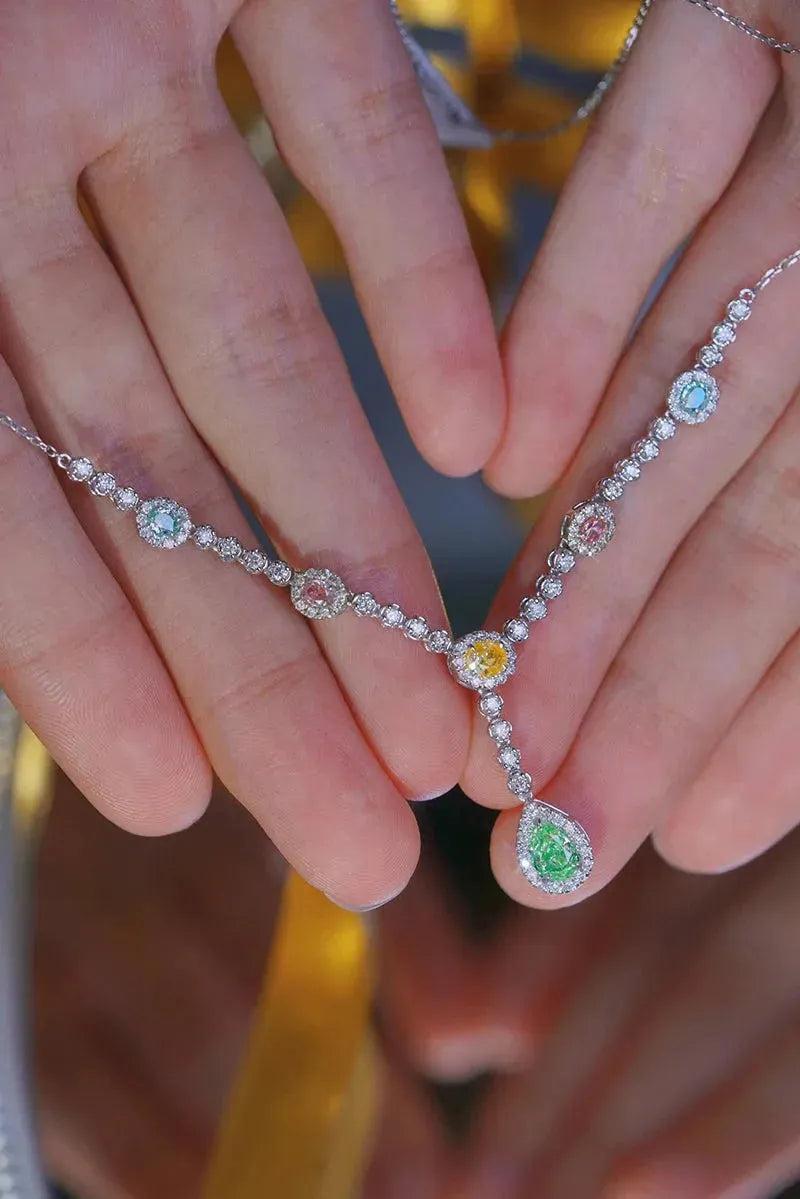 18K White Gold Diamond Necklace for Women - Romantic Rainbow Style with Real Natural Color Diamonds | High Engagement Jewelry Gift for Anniversary, Wedding & Special Occasions