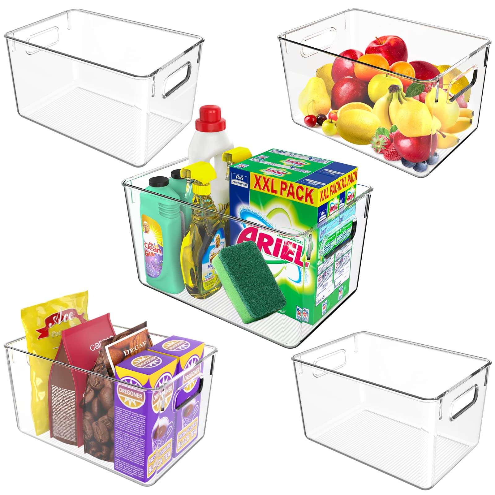 5-Pack Large Clear Plastic Storage Bins with Handles – 11x7.5x6 Inch Kitchen Pantry Organizers for Refrigerator, Cabinet & Countertop – Perfect for Food Storage, Spice Organization & Home Decluttering