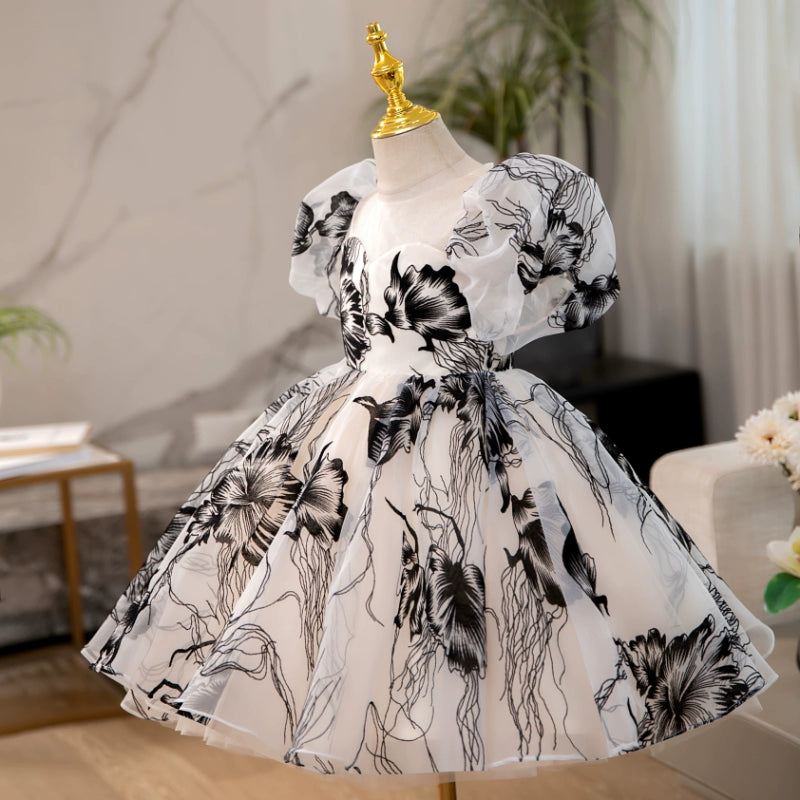 Elegant Baby Girls Ink Print Puff Sleeve Square Neck Princess Dress - Toddler Flower Girl Party Dress for Birthday, Photo Shoot & Special Occasions