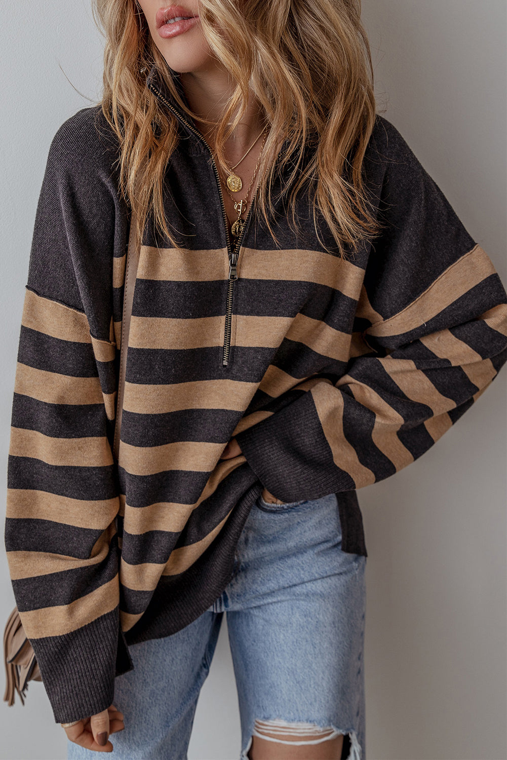 Adeline Stripe Oversized Sweater with Quarter Zipper - Cozy Women's Knit Pullover for Fall & Winter - Perfect for Casual Outfits, Date Nights and Coffee Dates