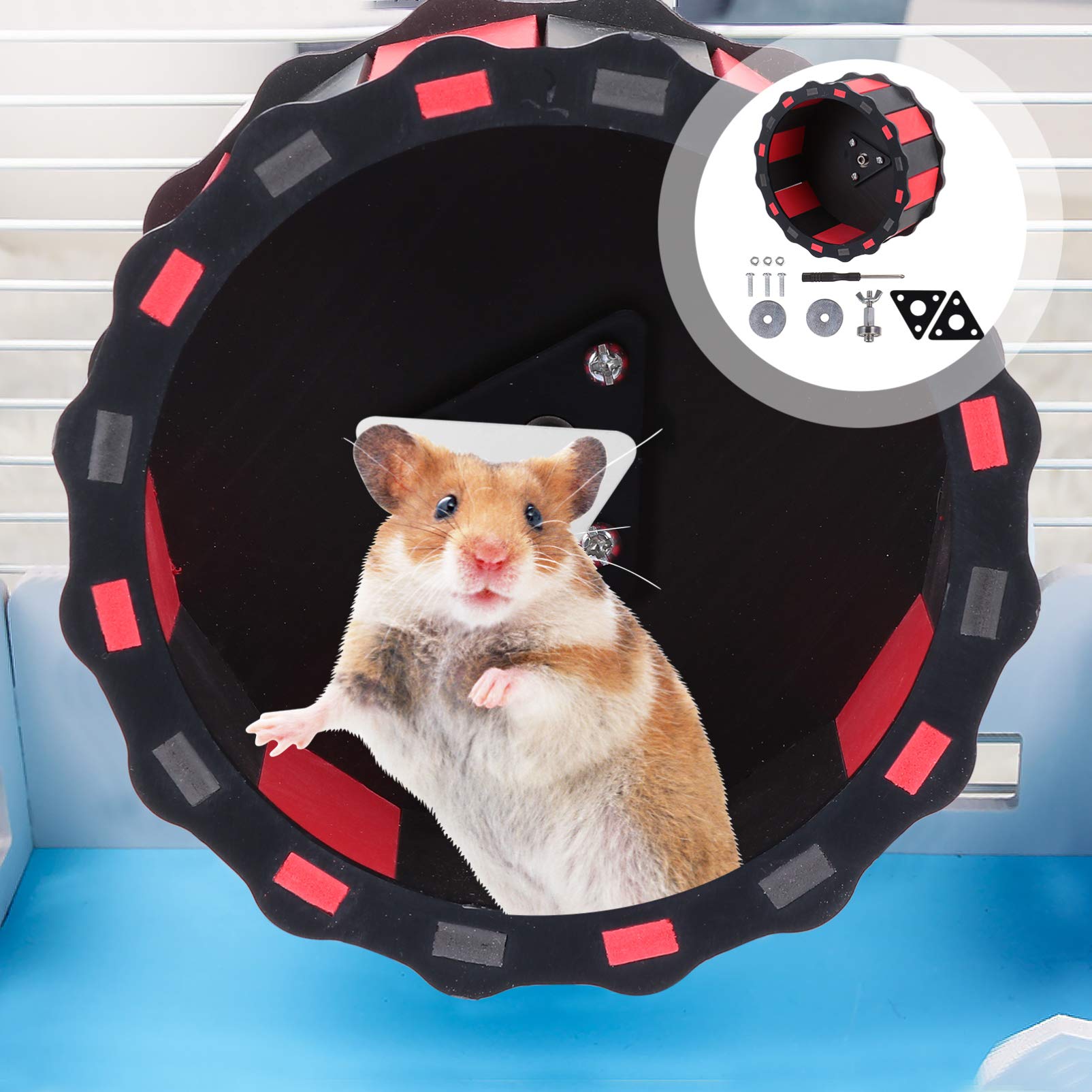 Balacoo Wooden Hamster Exercise Wheel - Silent Small Pet Running Wheel for Rats, Chinchillas, Gerbils - Cage Accessory for Squirrels, Rabbits & Small Animals (Black/Red) - Perfect for Play & Exercise in Pet Cages