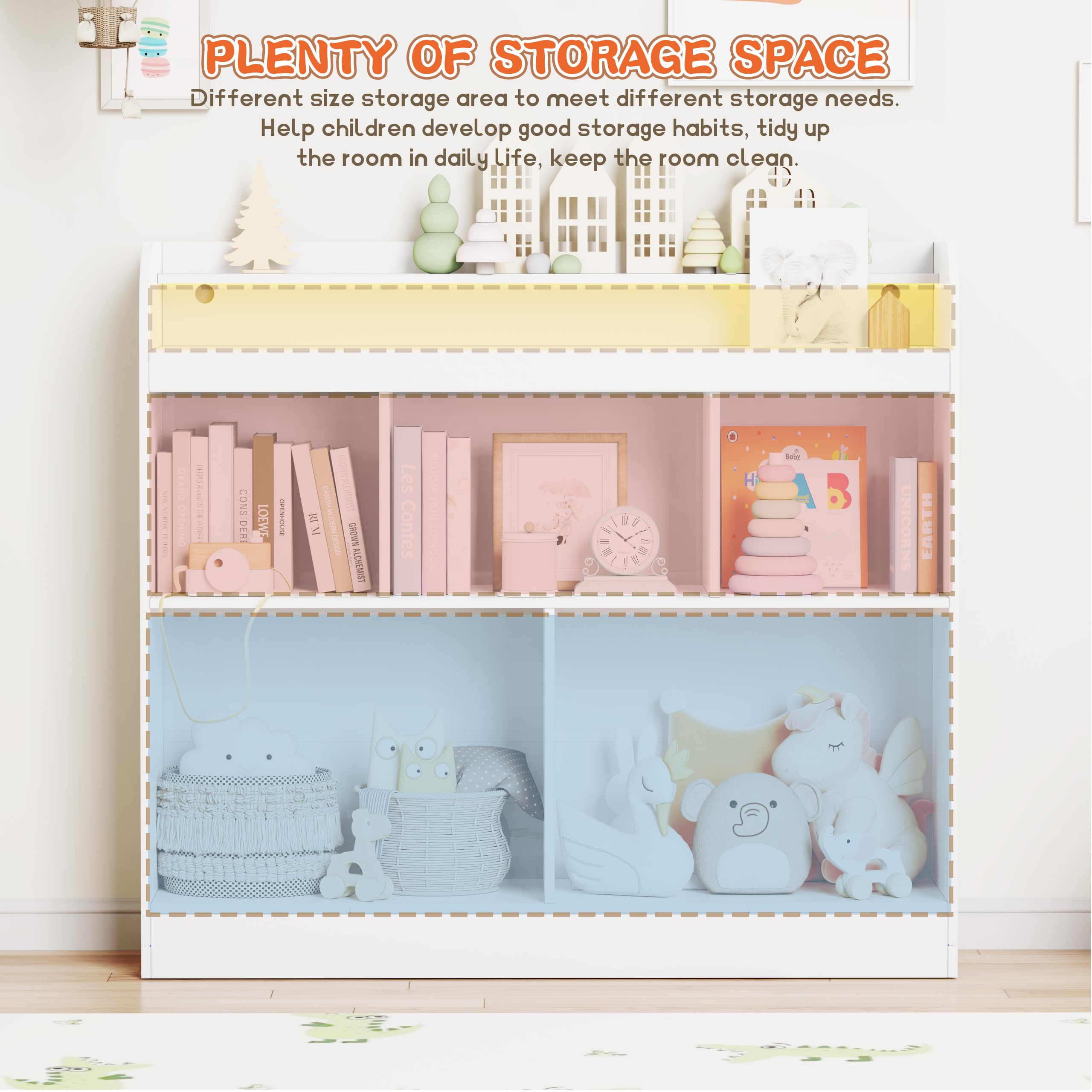 Lkeiyay White Kids Bookshelf with LED Lights - Toy Storage Cubby & Bookcase for Children's Bedroom, Nursery, Playroom - Perfect for Organizing Books, Toys and Decor in Kids Rooms