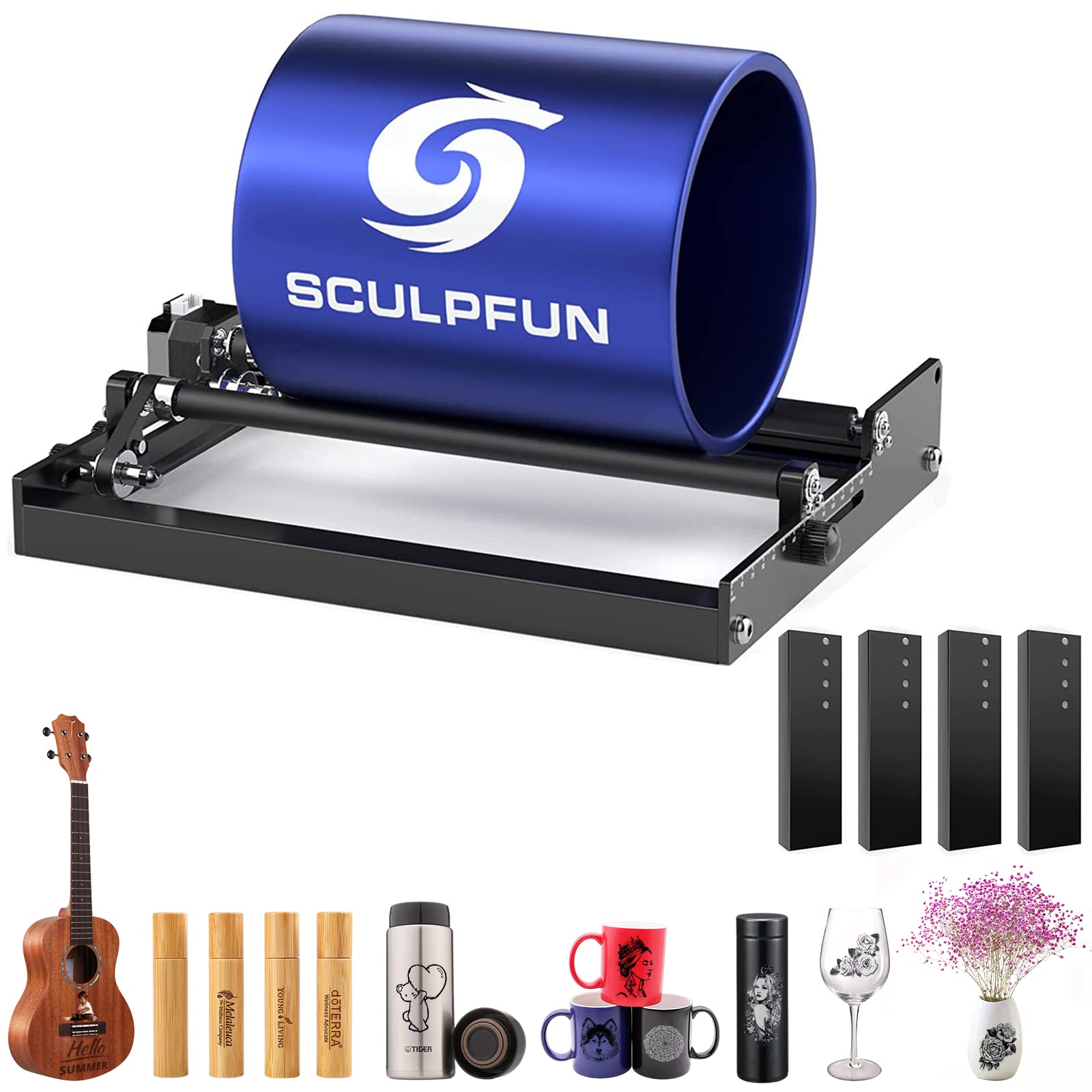 360° Rotating Laser Engraving Rotary Roller for Cylindrical Objects - Compatible with Cans, Glass Bottles, Skateboards & Guitars - SCULPFUN Engraving Machine Accessory Kit with 4 Adjustable Feet | Perfect for DIY Crafts, Personalized Gifts & Professional Engraving Projects