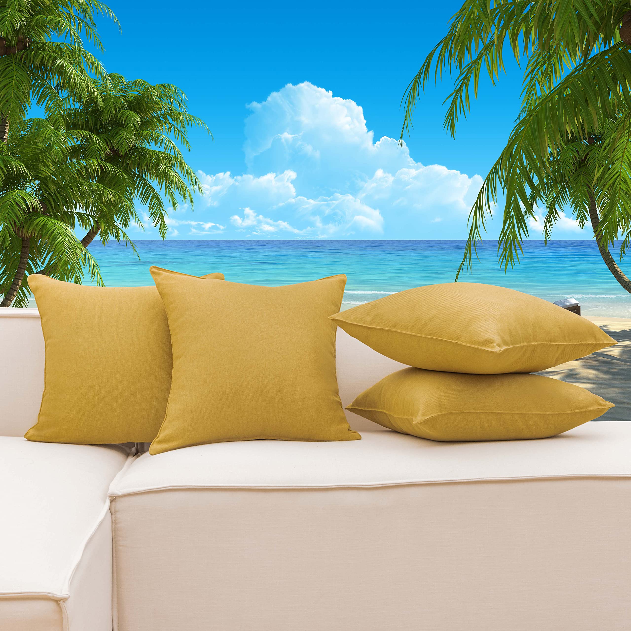 16x16 Outdoor Pillow Covers Set of 4 - Sunbrella Burlap Yellow Mustard Throw Pillow Covers for Patio, Garden & Porch - Weather-Resistant Decorative Cushion Covers for Outdoor Furniture