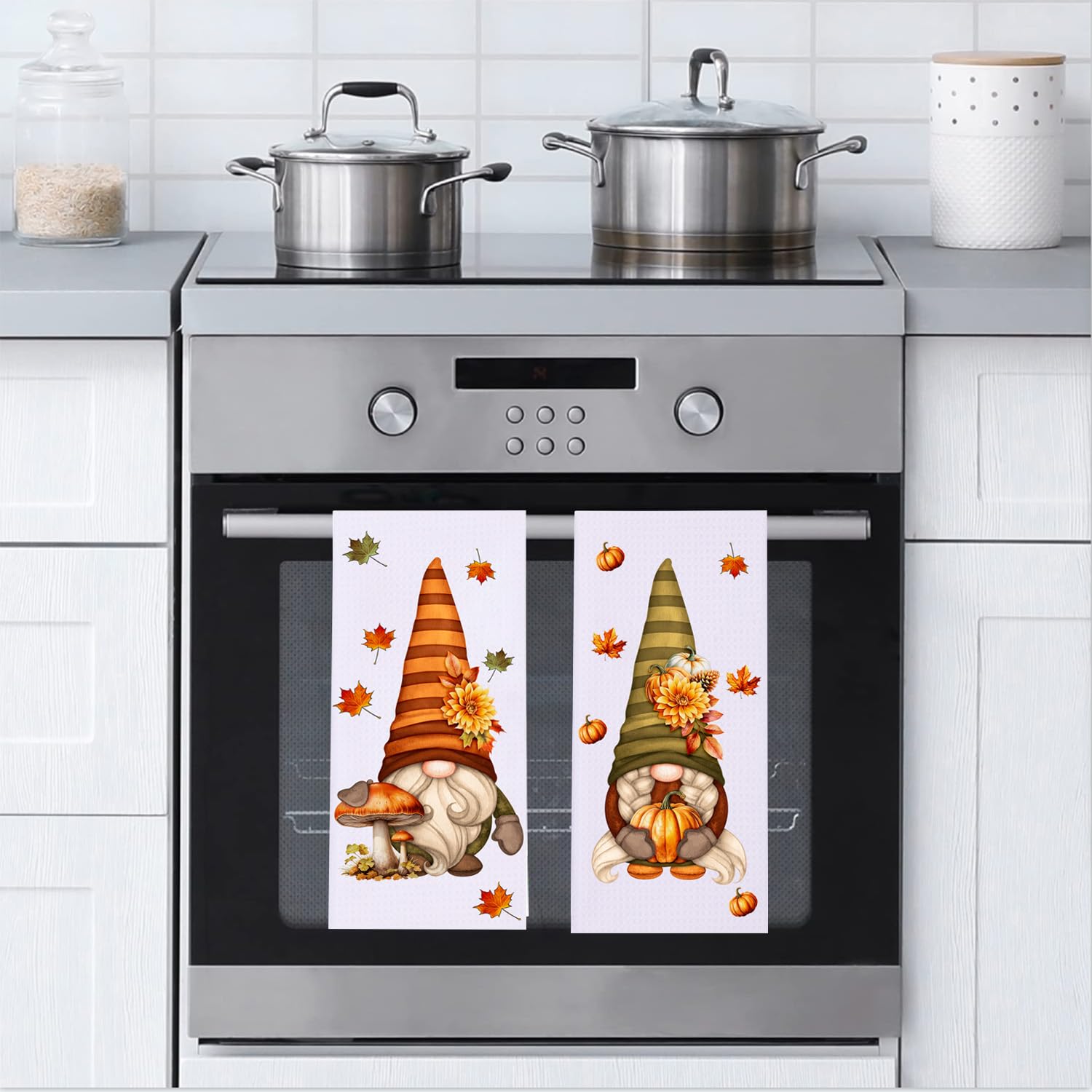 LXOMILL Fall Gnomes Kitchen Towels Set of 2 - Maple Leaf & Pumpkin Print Absorbent Dish Cloths - Cute Gnome Autumn Decor for Thanksgiving & Halloween - Perfect for Holiday Cooking, Baking & Home Decor