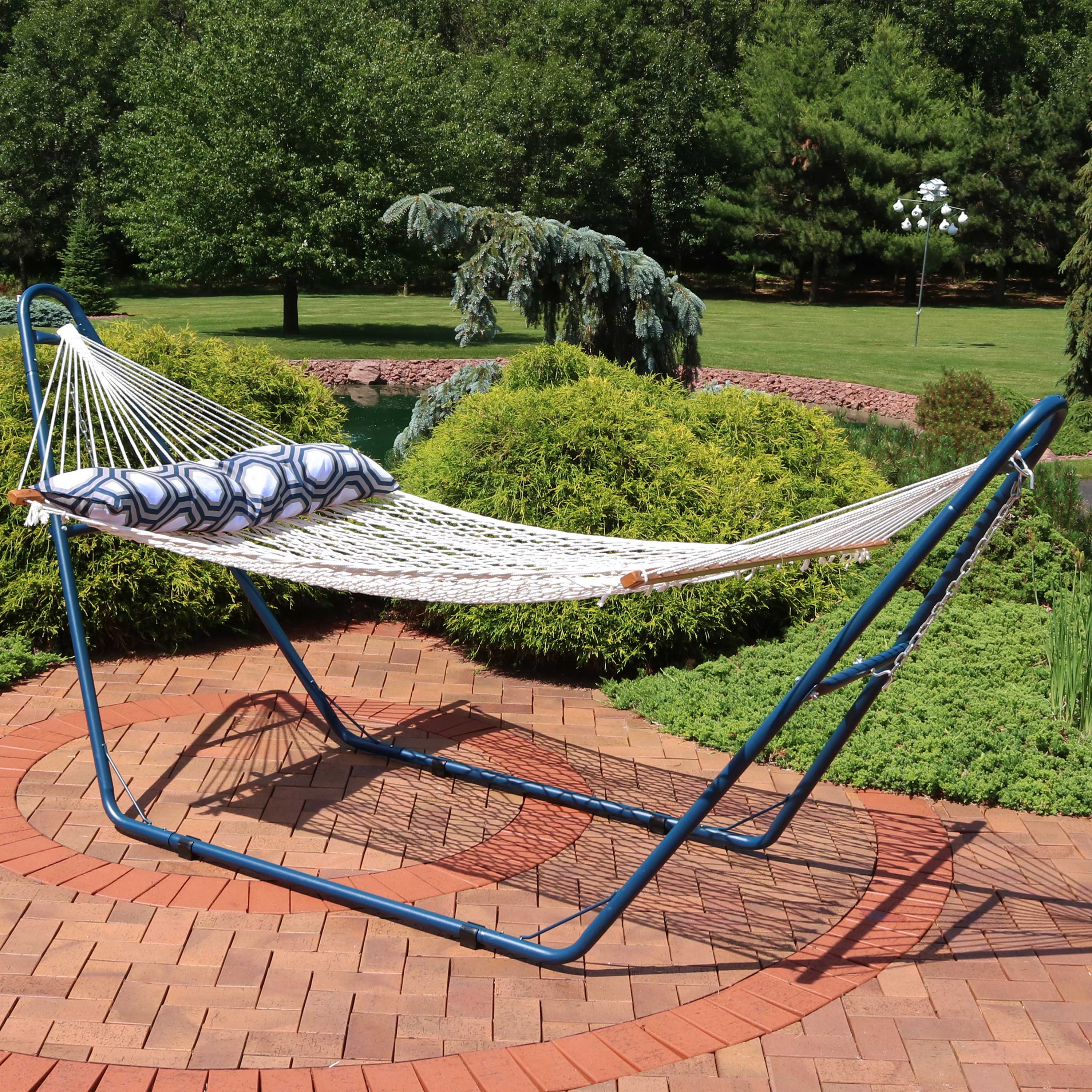 Sunnydaze 2-Person Rope Hammock with Matte Blue Steel Stand - Outdoor Patio, Backyard, Garden Relaxation for Couples