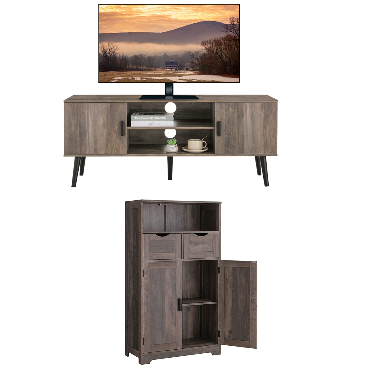 IWELL Storage Cabinet and TV Stand Set - Large Entertainment Center for 55 Inch TV with Ample Storage Space for Living Room, Kitchen & Bedroom | Perfect for Organizing Media, Books & Home Decor