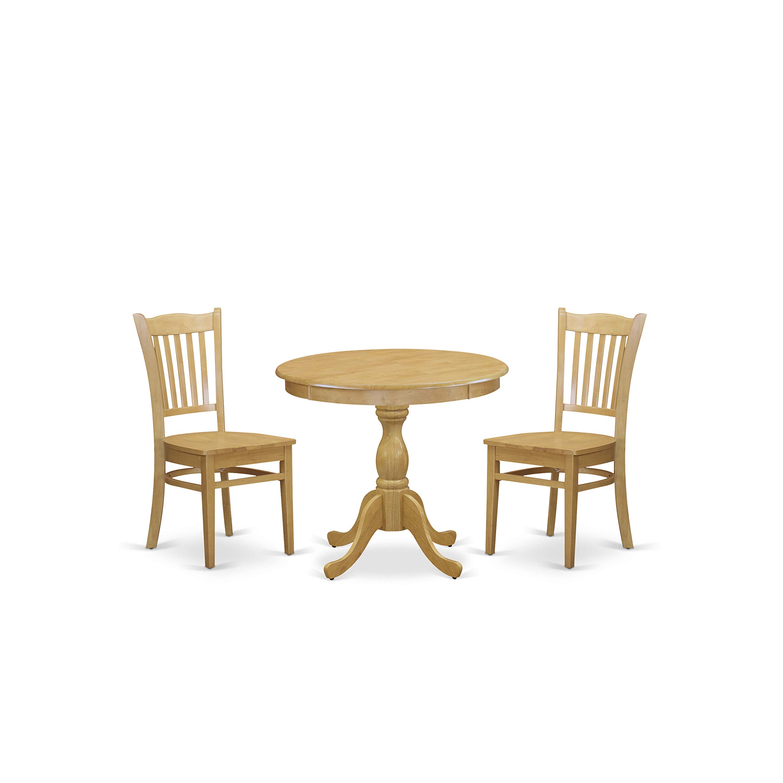 East West Furniture AMGR3-OAK-W 3 Piece Round Dining Table Set with Pedestal Base & 2 Chairs for Small Spaces - 36x36 Inch, Oak Finish - Perfect for Compact Kitchens, Breakfast Nooks & Studio Apartments