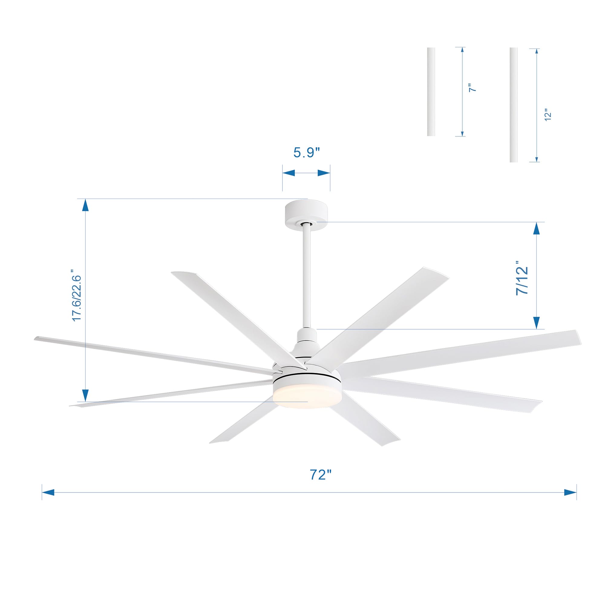 72 Inch Smart Ceiling Fan with LED Light and Remote Control - 8 Reversible Blades, Ultra Quiet DC Motor, 6 Speed Settings & Timer - Modern Industrial Style for Bedroom, Living Room, Office - Energy Efficient Cooling with Stylish Chandelier Lighting (White)