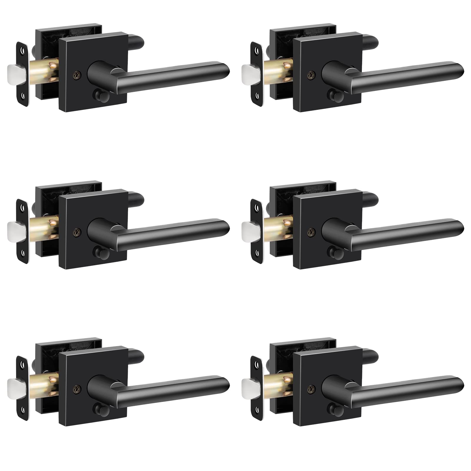 HOSOM 6 Pack Matte Black Privacy Door Levers - Square Keyless Reversible Interior Door Handles for Bedroom & Bathroom - Fits Left & Right Handed Doors | Modern Home Security & Privacy Solution